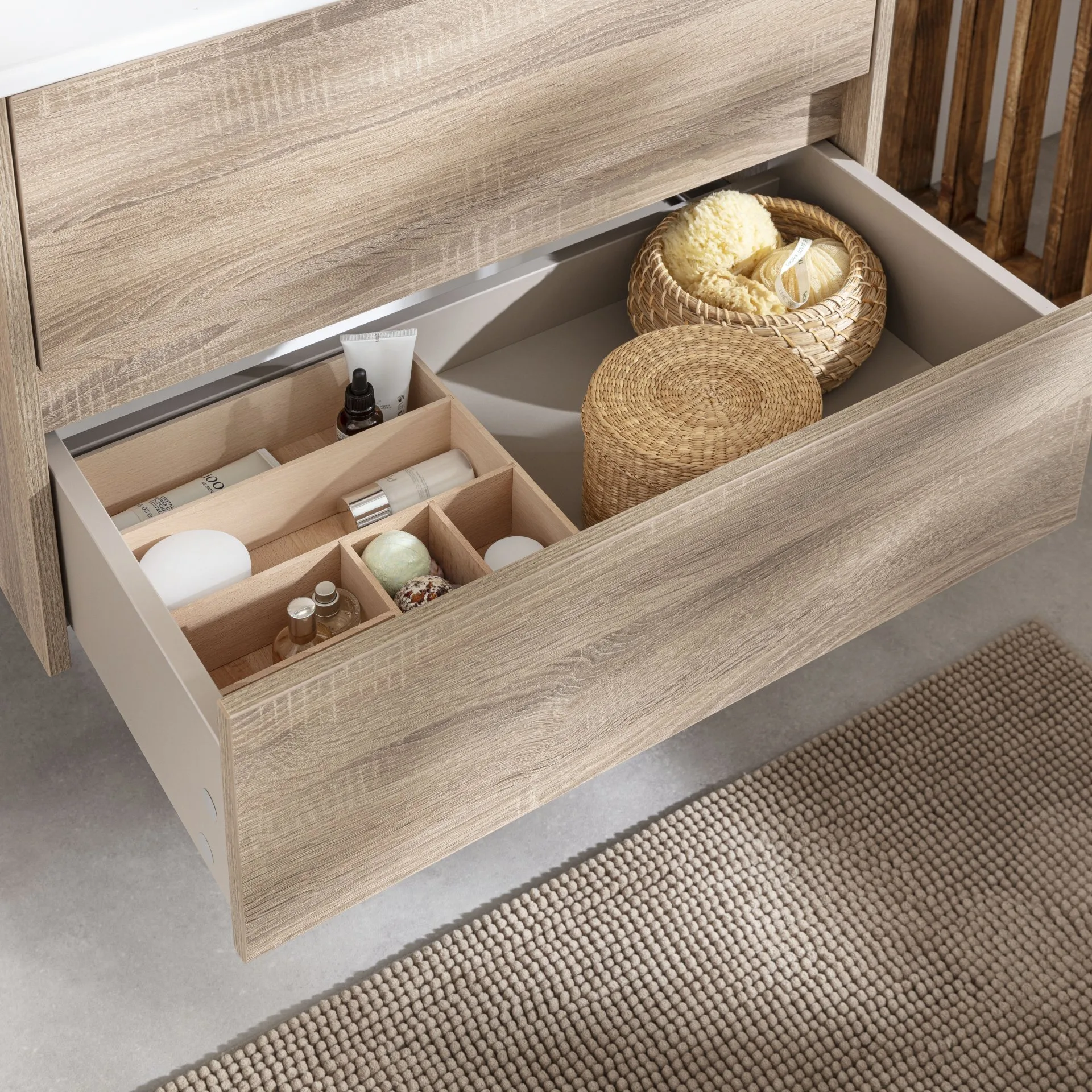 FACKELMANN COMPACT LINE Waschtisch Set mit Spiegelschrank 71 cm breit, Braun, Waschbecken Keramik Weiß, inklusive Aufsatzleuchte und Elektro-Box, 2 Schubladen
