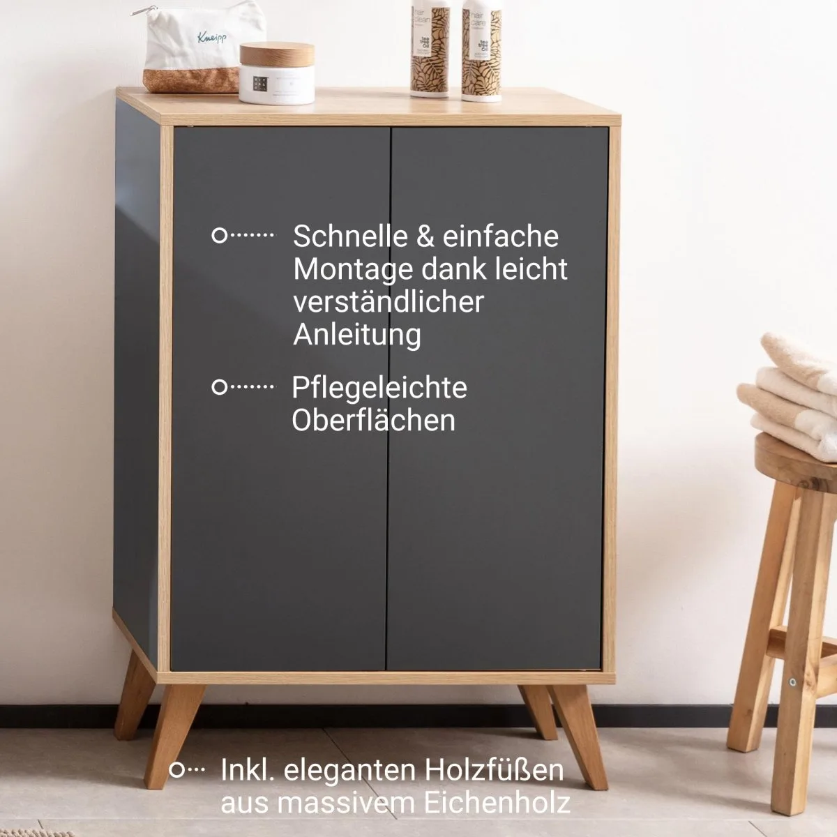 FACKELMANN FINN Doppel Midischrank 60 cm breit, Anthrazit/Braun hell + Holzfüße
