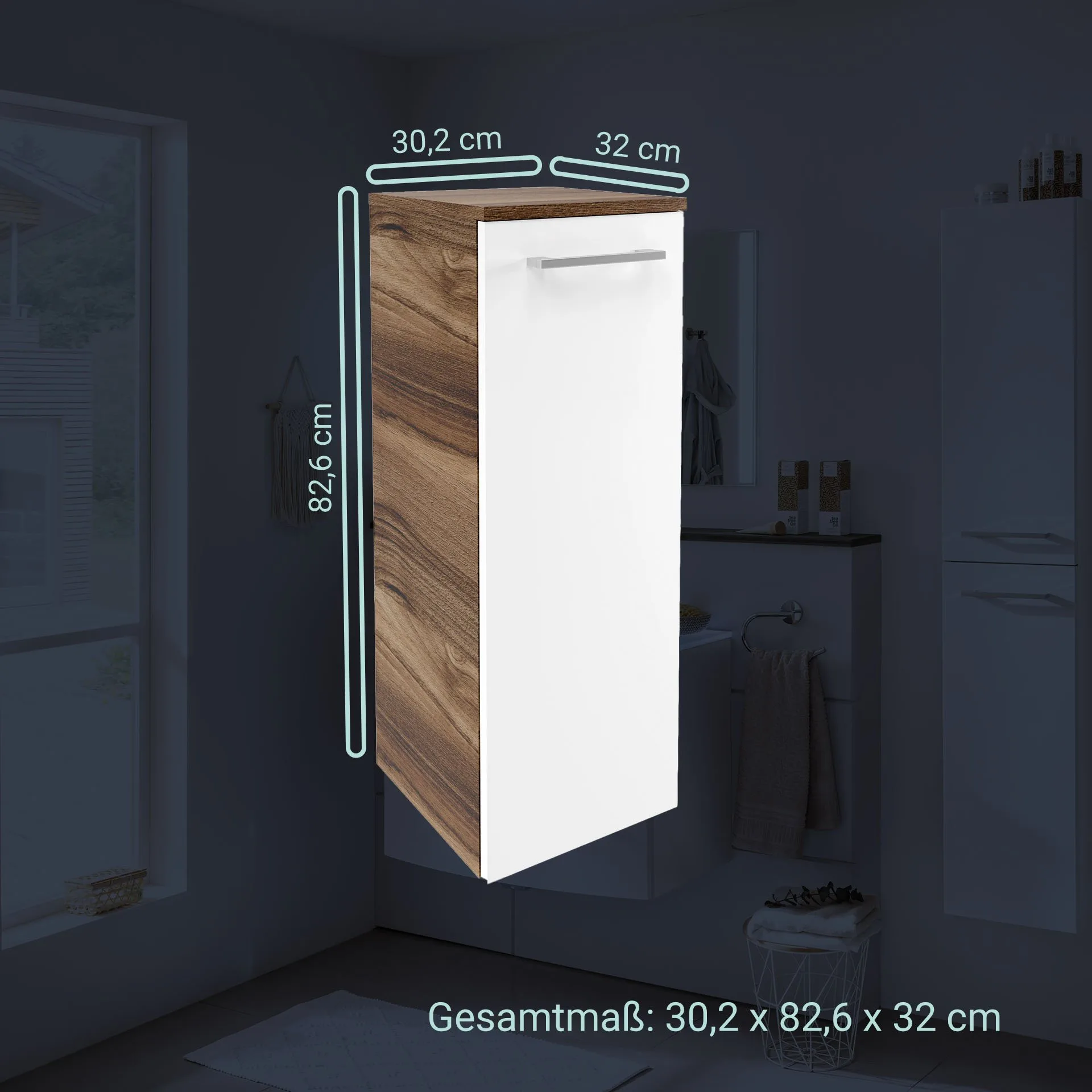 FACKELMANN VERONA Midischrank 30 cm breit, Weiß Hochglanz/Braun Dunkel, Türanschlag rechts