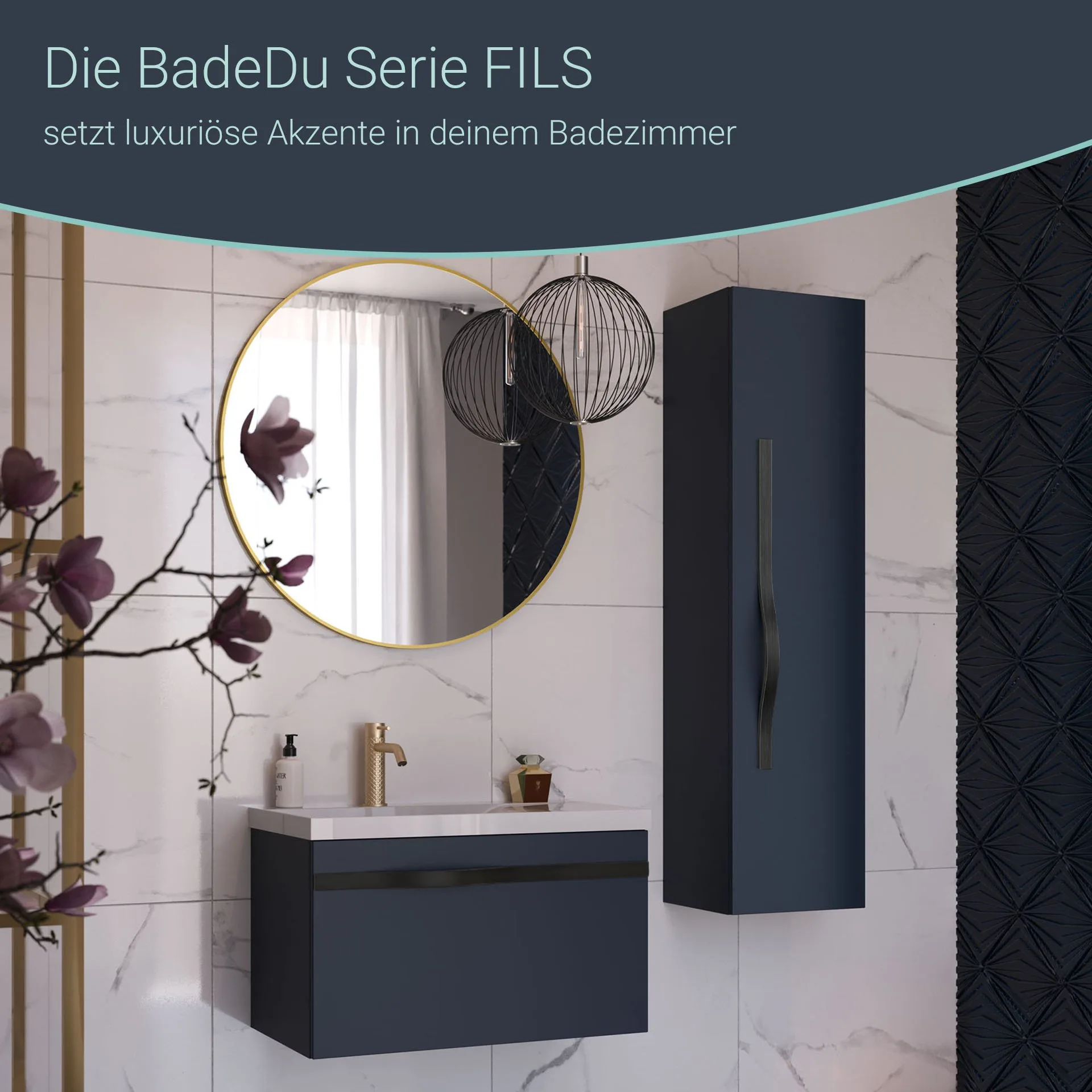 BADEDU FILS Waschbecken mit Unterschrank 69 cm breit, Blau, Waschbecken Gussmarmor Weiß, Griff Schwarz