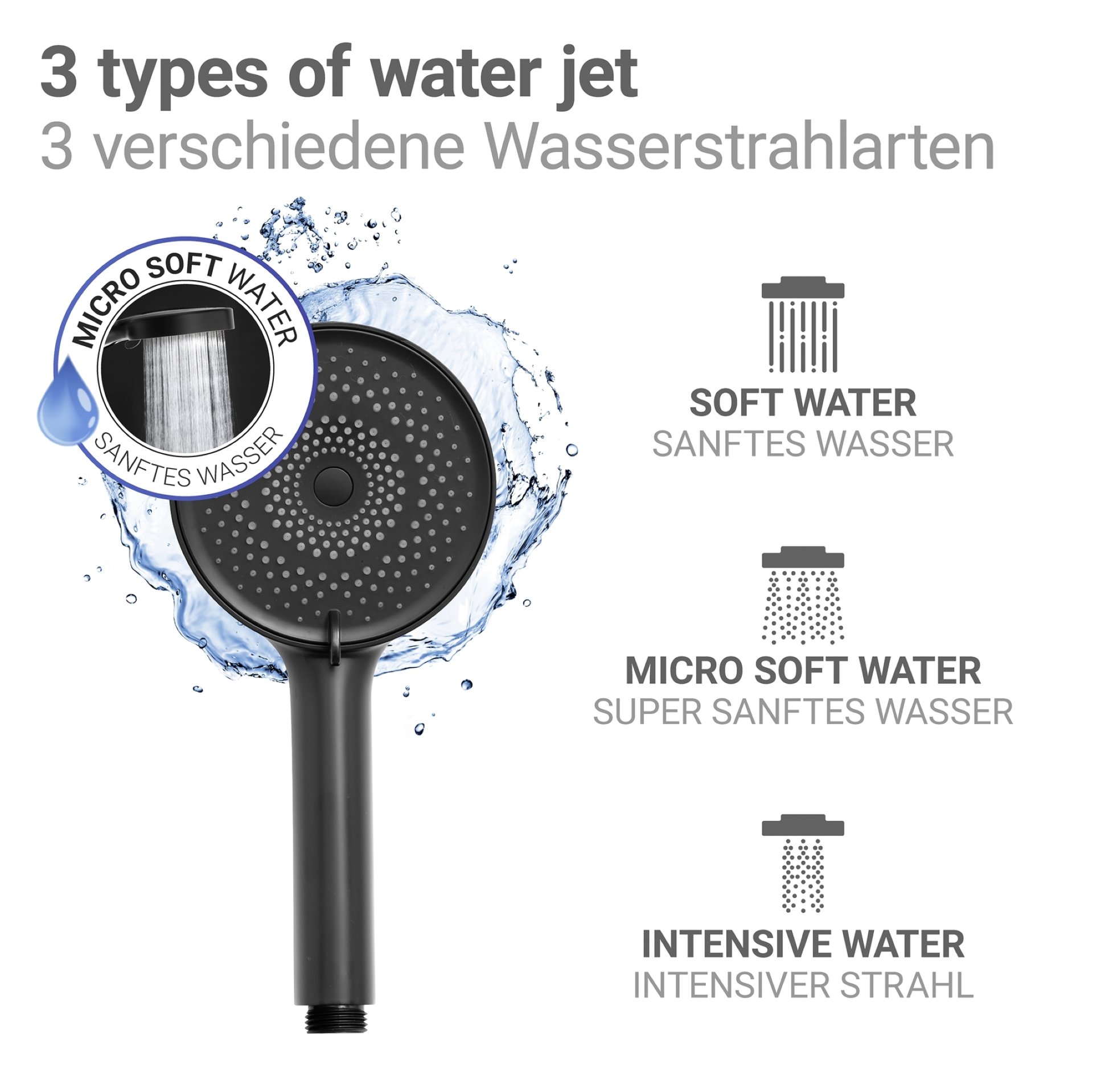 WENKO Duschkopf Ø 12 cm, Schwarz, mit Wassersparsystem, 3 verschiedene Wasserstrahlarten, 248 Düsen