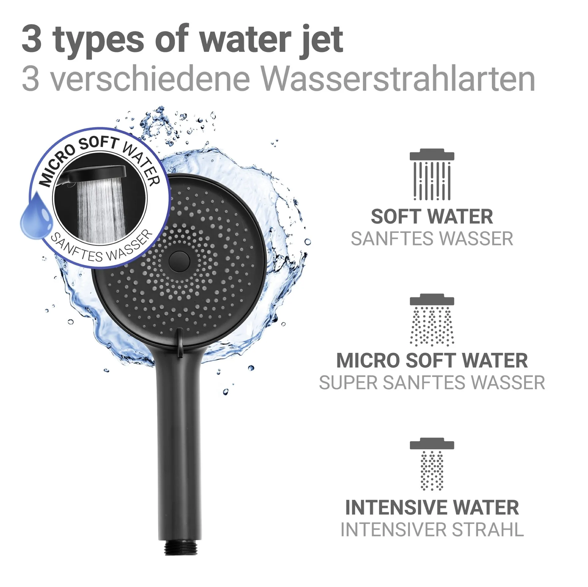 WENKO Duschkopf Ø 12 cm, Schwarz, 3 verschiedene Wasserstrahlarten, 248 Düsen