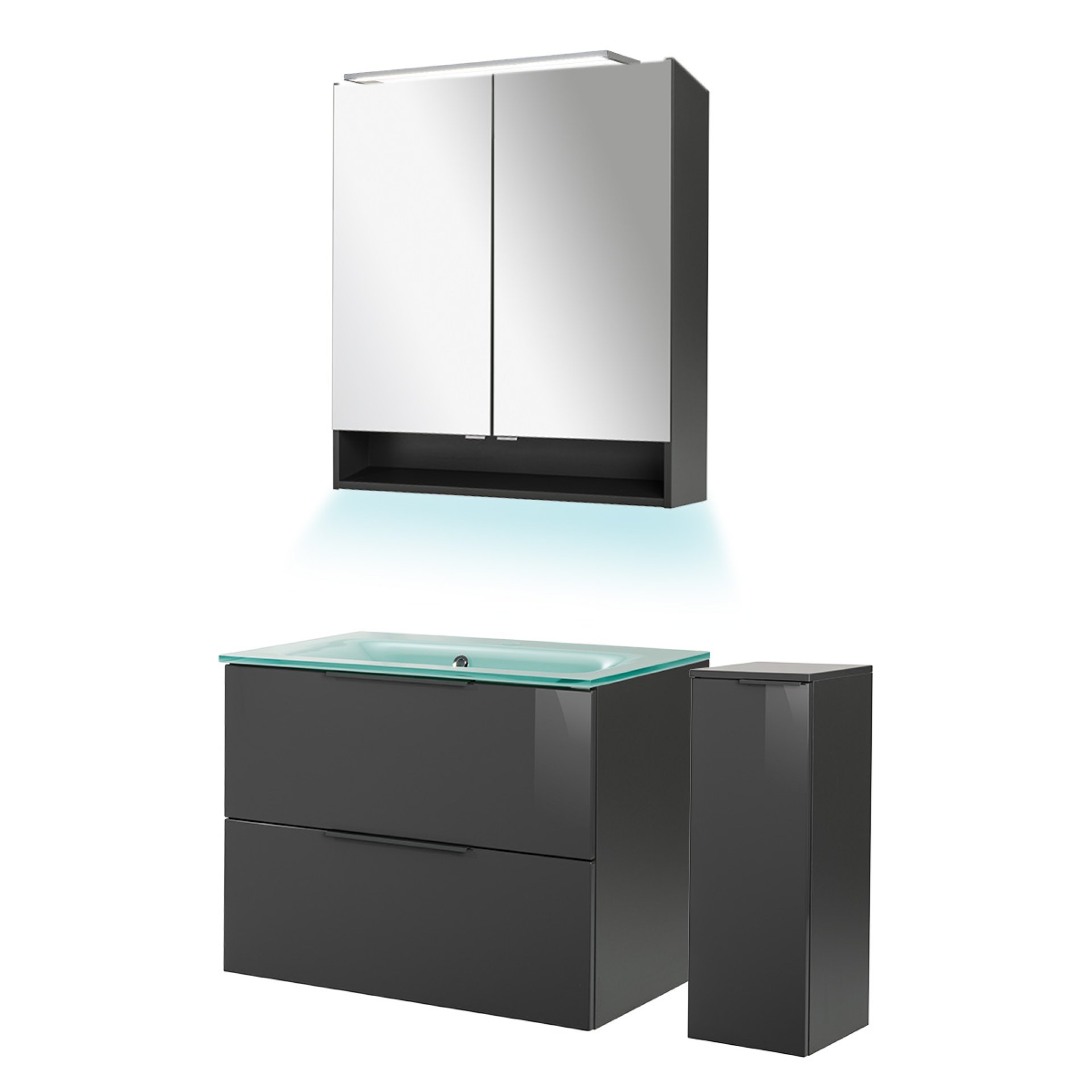 Fackelmann LUNA Badmöbel Set 5-teilig, 80 cm breit, Anthrazit, Glas Mint+Spiegelschrank+Midischrank