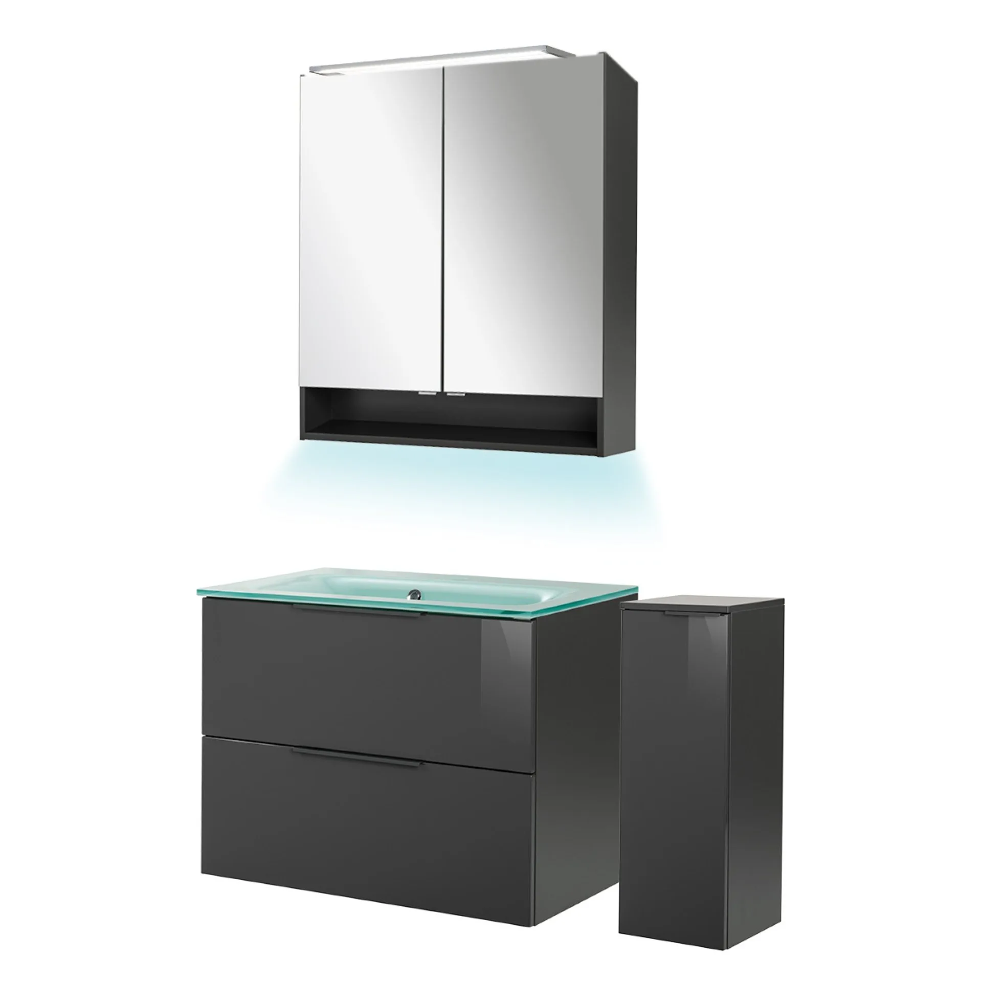 FACKELMANN LUNA Badmöbel Set 5-teilig 80 cm breit, Anthrazit, Waschbecken Glas Mint + Midischrank + Ambientebeleuchtung