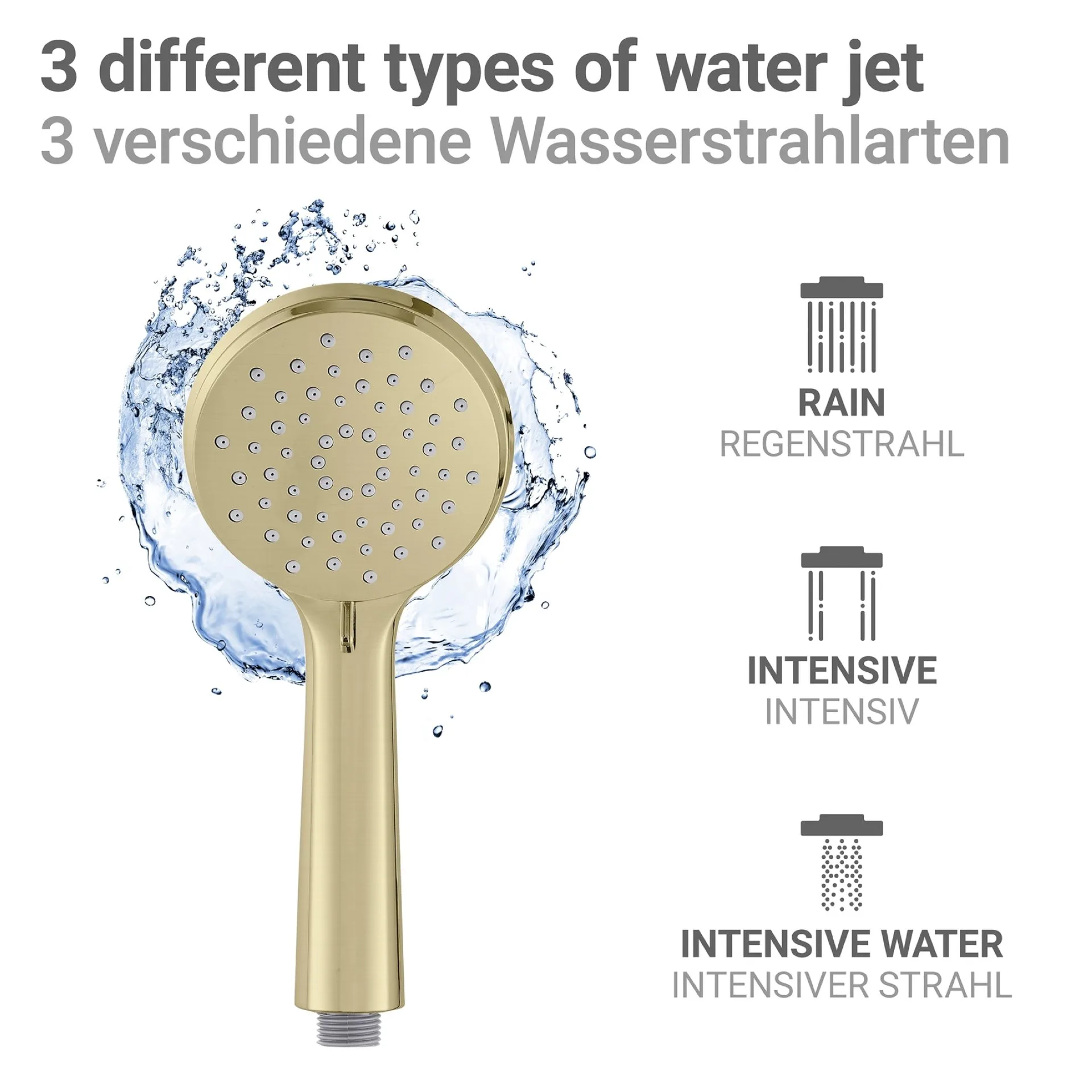 WENKO YOUNG Duschsystem, Gold, 3 verschiedene Wasserstrahlarten