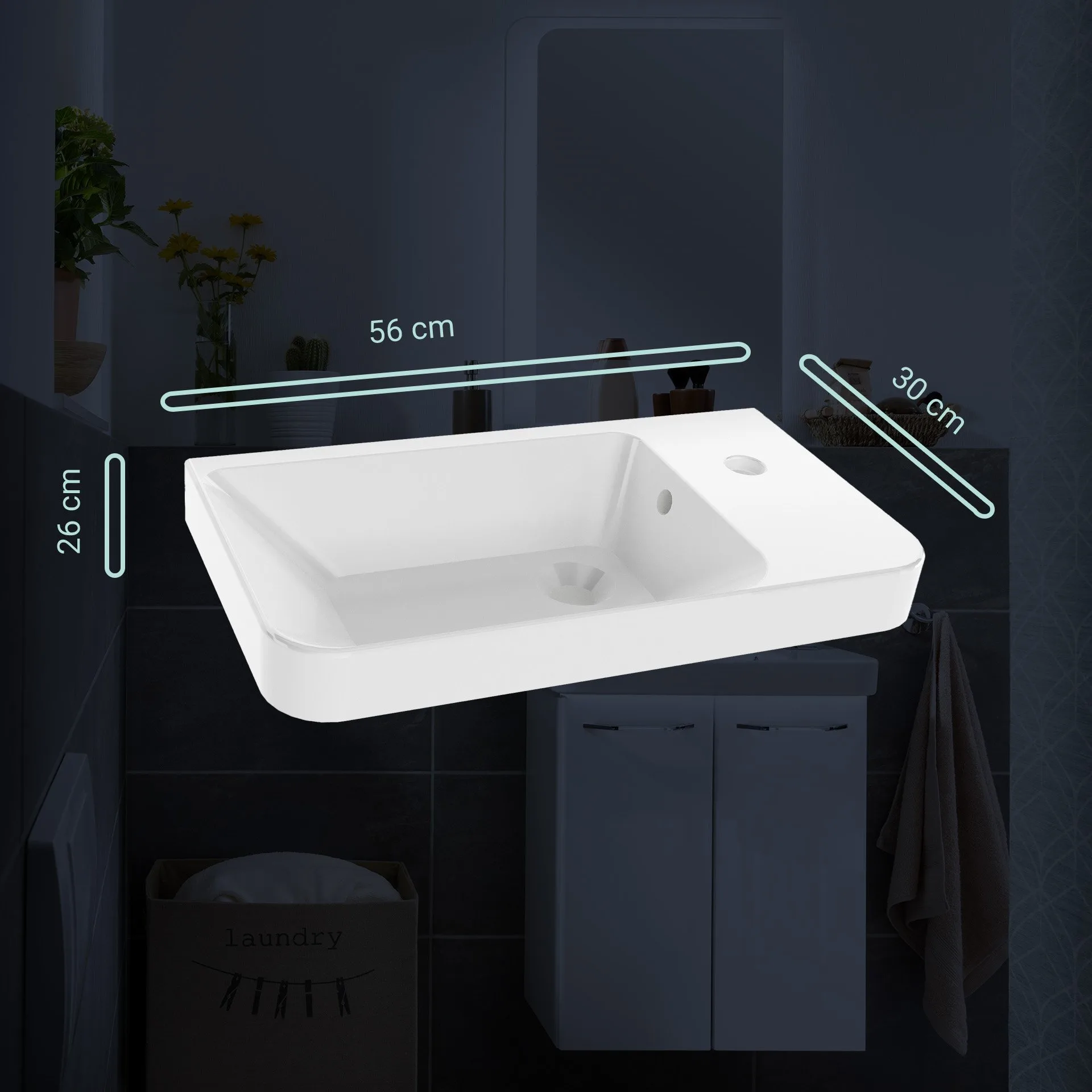 FACKELMANN MILANO Waschbecken 55 cm breit, Keramik, Weiß, Hahnloch rechts