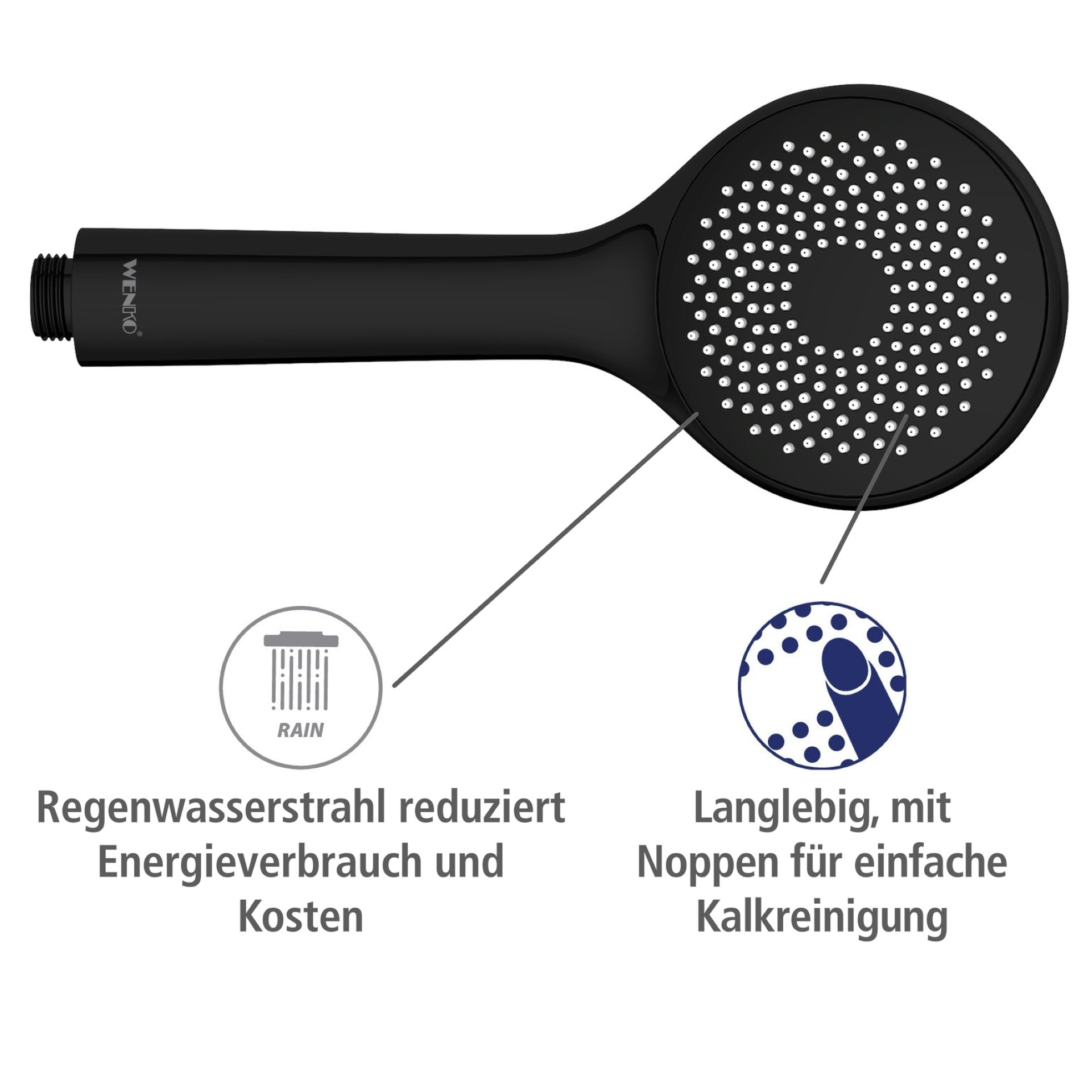 WENKO Duschkopf Ø 9,5 cm, Schwarz, mit Wassersparsystem