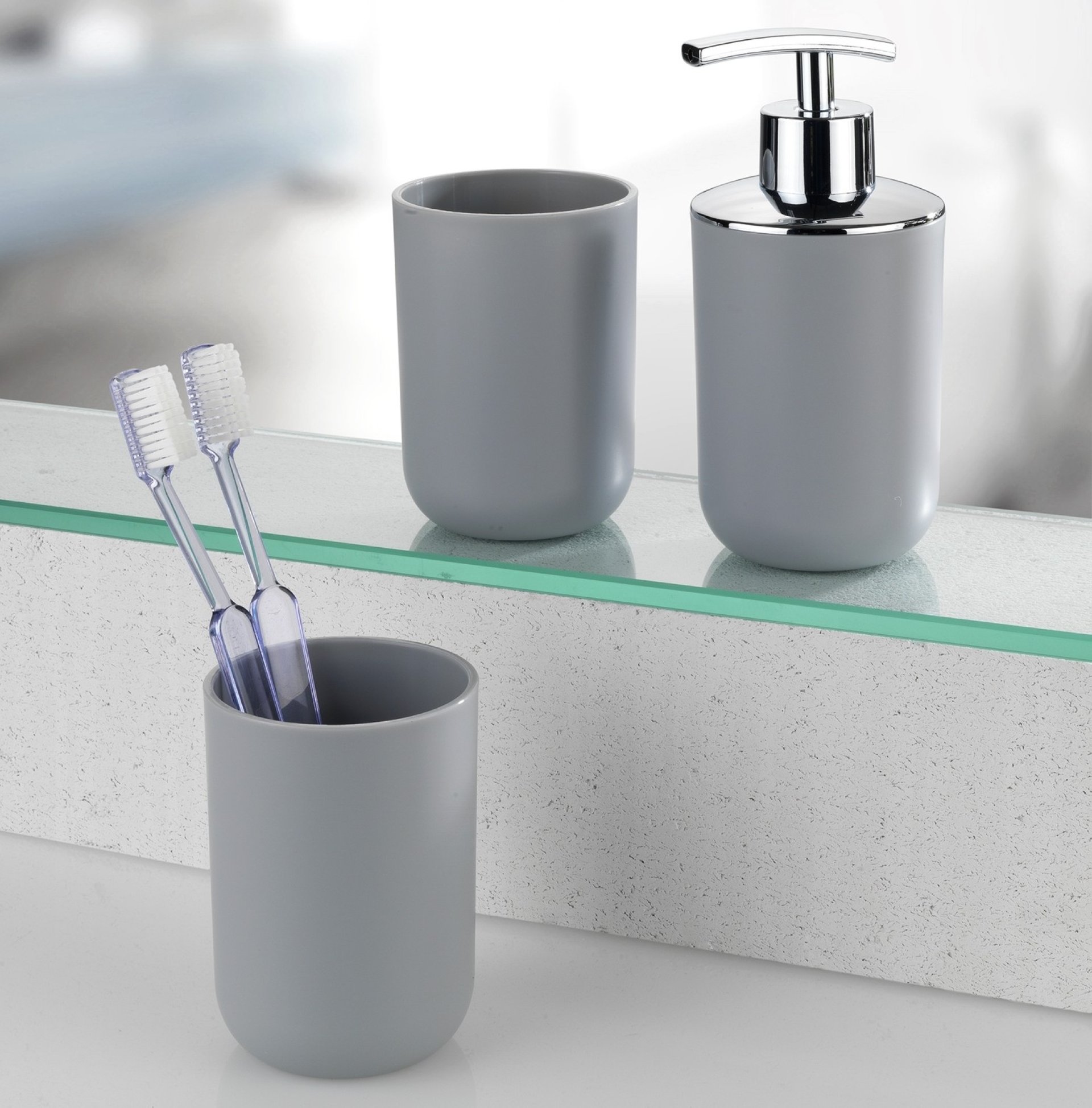 WENKO BRASIL Accessoire Set, Grau, Zahnputzbecher, Seifenspender, WC-Garnitur, Kosmetikeimer