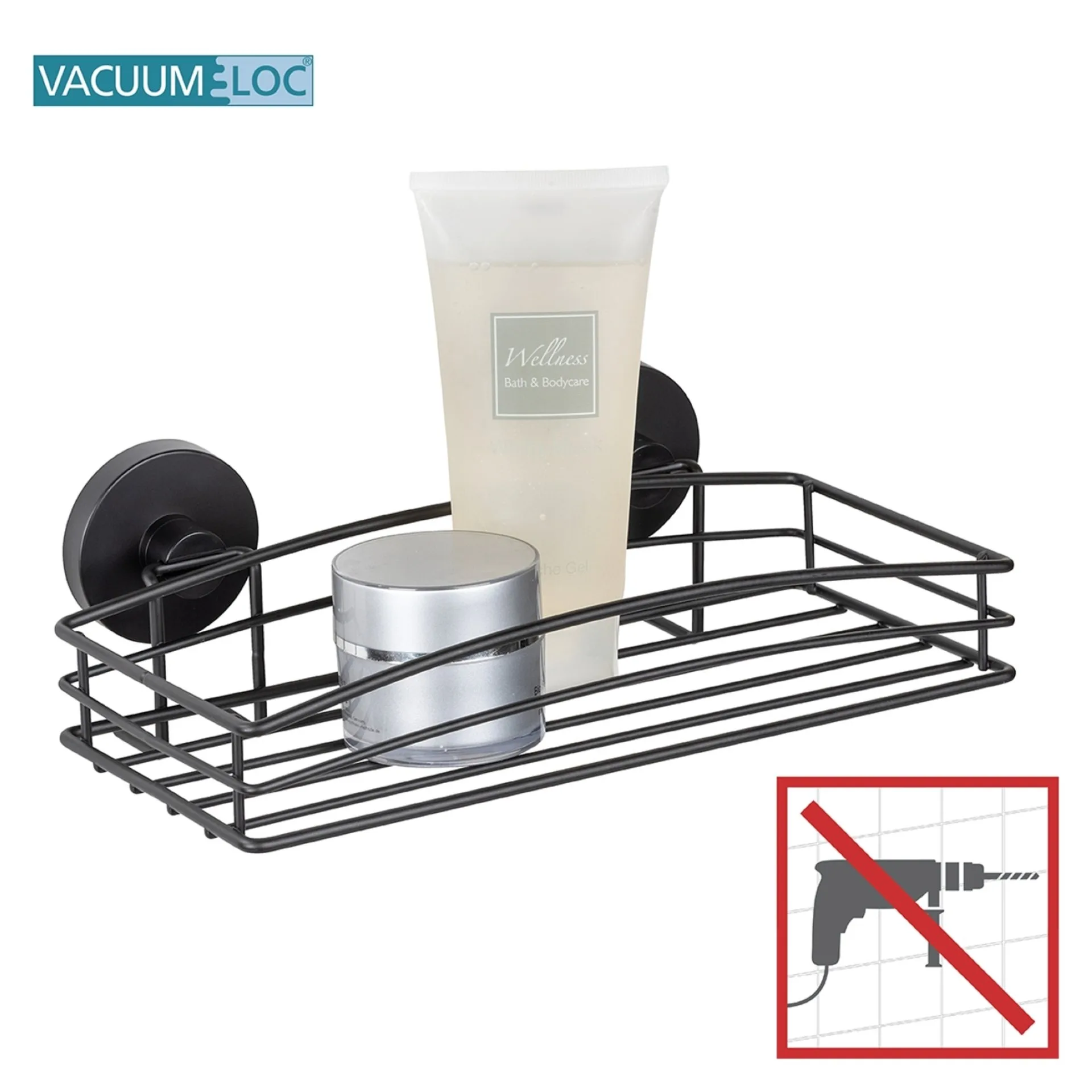 WENKO VACUUM LOC Duschablage 26 cm breit, Schwarz matt, Befestigen ohne Bohren