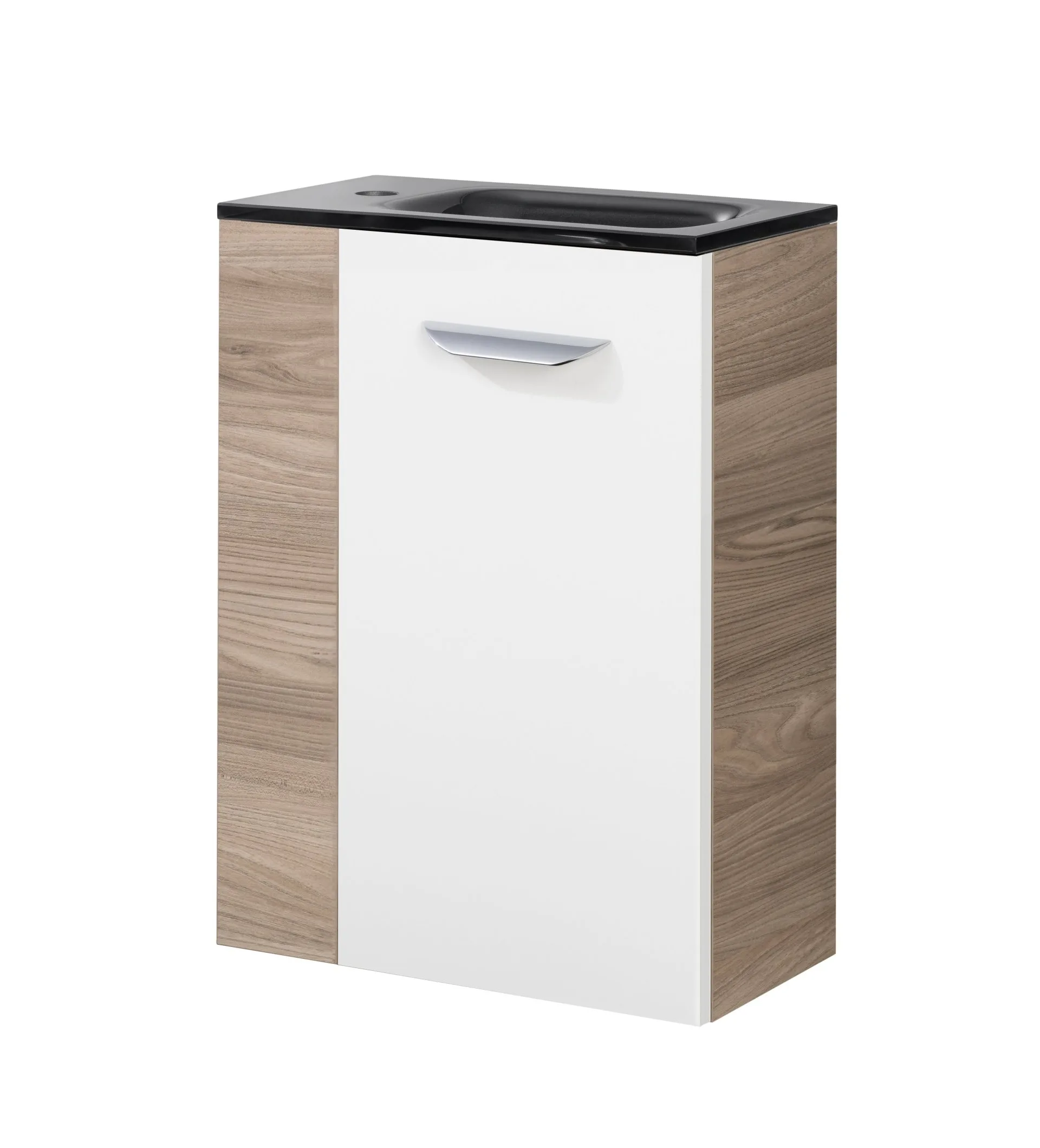 FACKELMANN SBC LUXOR Gäste WC Waschtisch Set 45 cm breit, Weiß/Braun hell, Waschbecken Glas Anthrazit, Türanschlag rechts