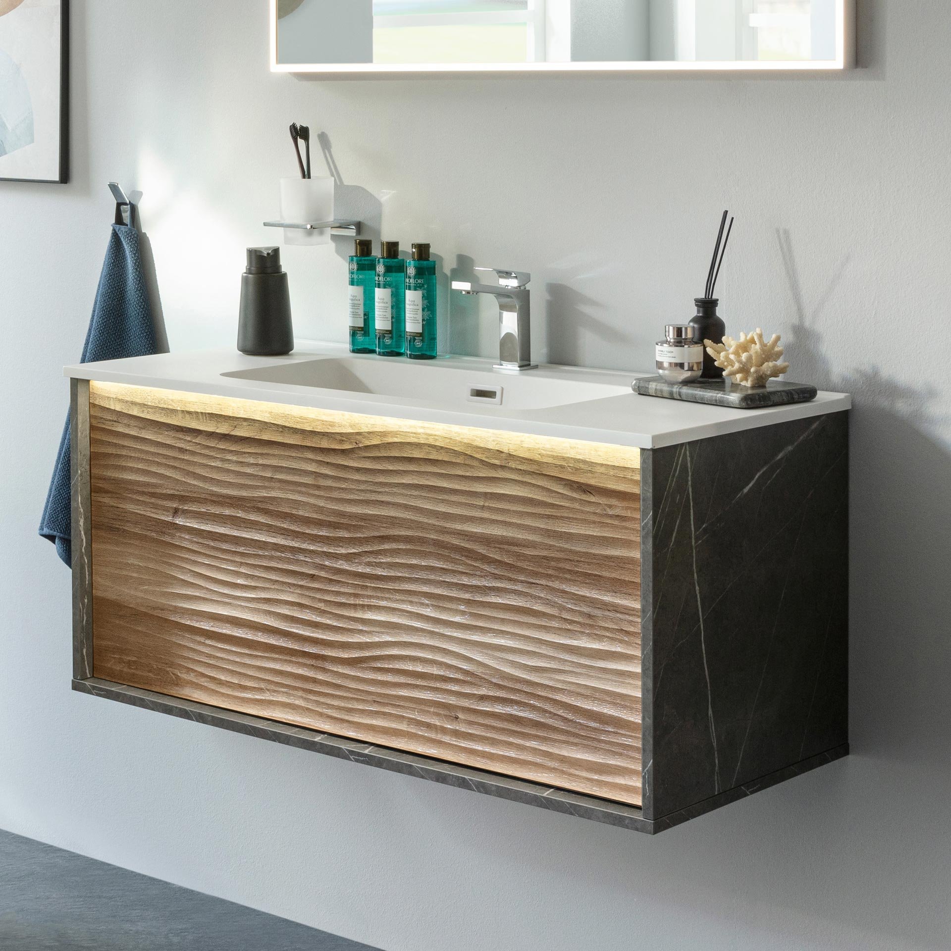 LANZET DUNE Waschbeckenunterschrank 100,3 cm breit, Marmor Grau/Braun hell, inkl. LED Beleuchtung