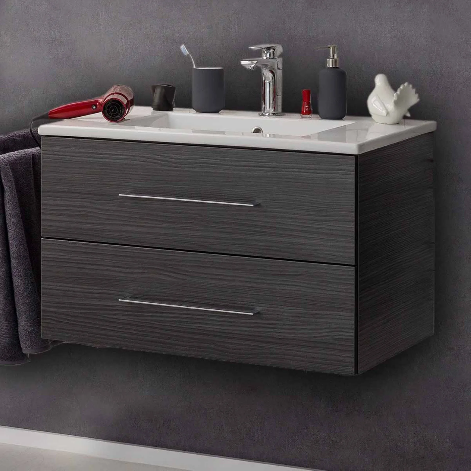 FACKELMANN B.PERFEKT Waschbecken mit Unterschrank 82 cm breit, Anthrazit, Waschbecken Keramik Weiß