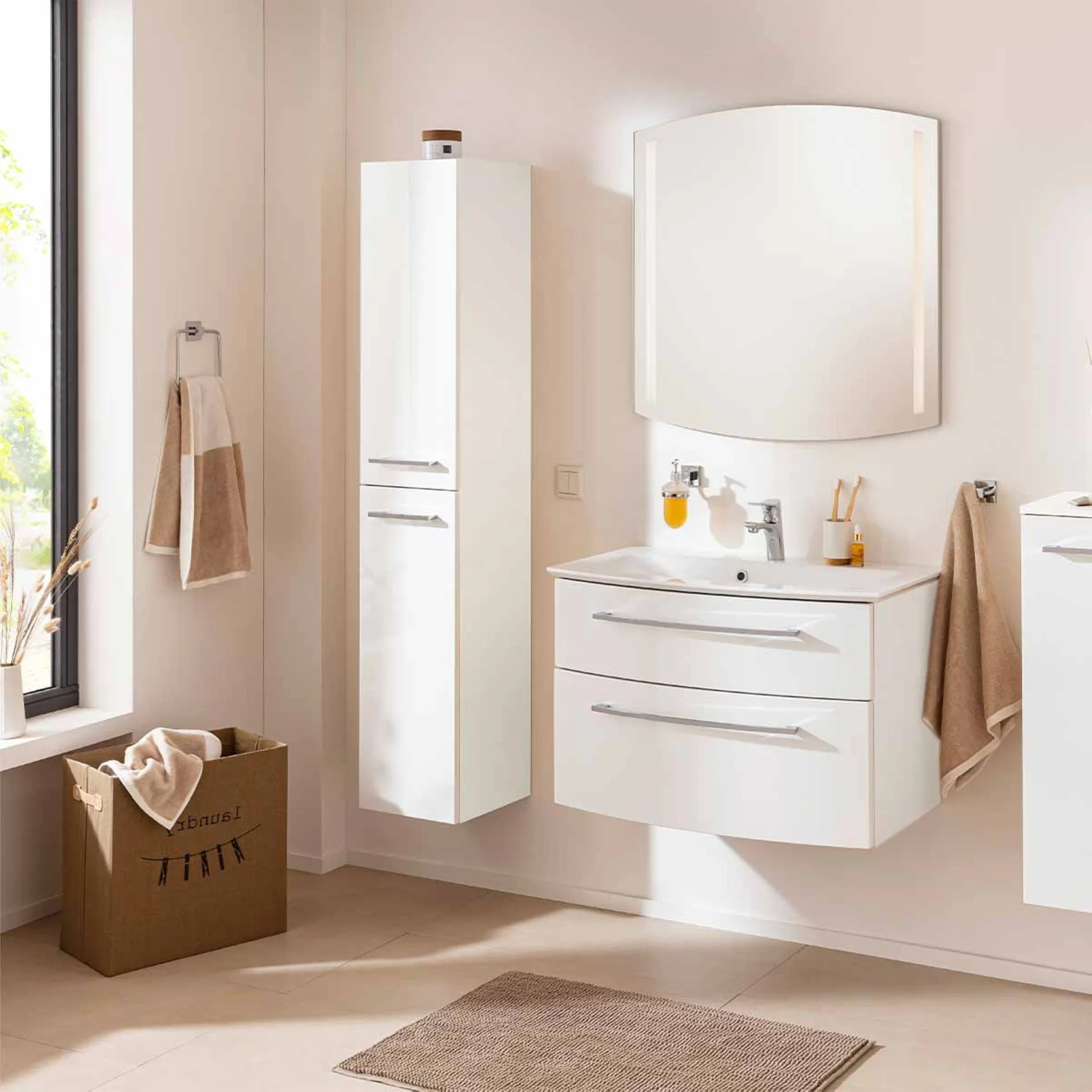 FACKELMANN B.STYLE Waschbecken mit Unterschrank 83 cm breit, Weiß, Waschbecken Gussmarmor Weiß