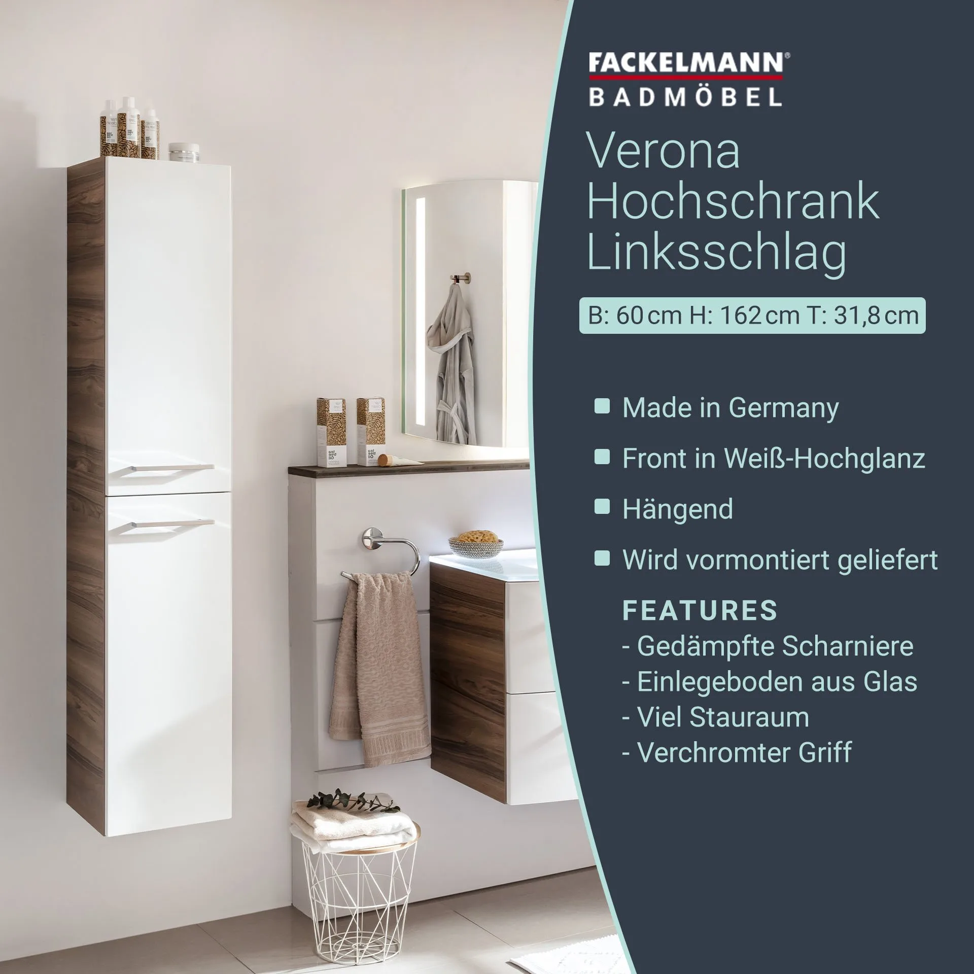 FACKELMANN VERONA Hochschrank 30 cm breit, Weiß Hochglanz/Braun Dunkel, Türanschlag links