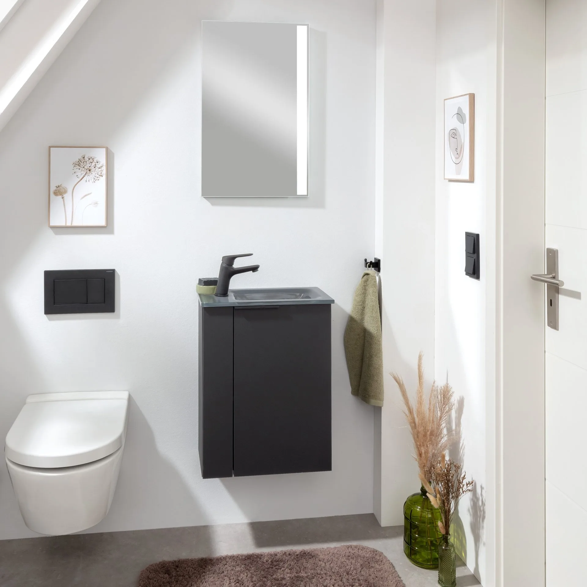 FACKELMANN SBC B.PARIS Waschbeckenunterschrank Gäste WC 45 cm breit, Schwarz matt, Türanschlag rechts
