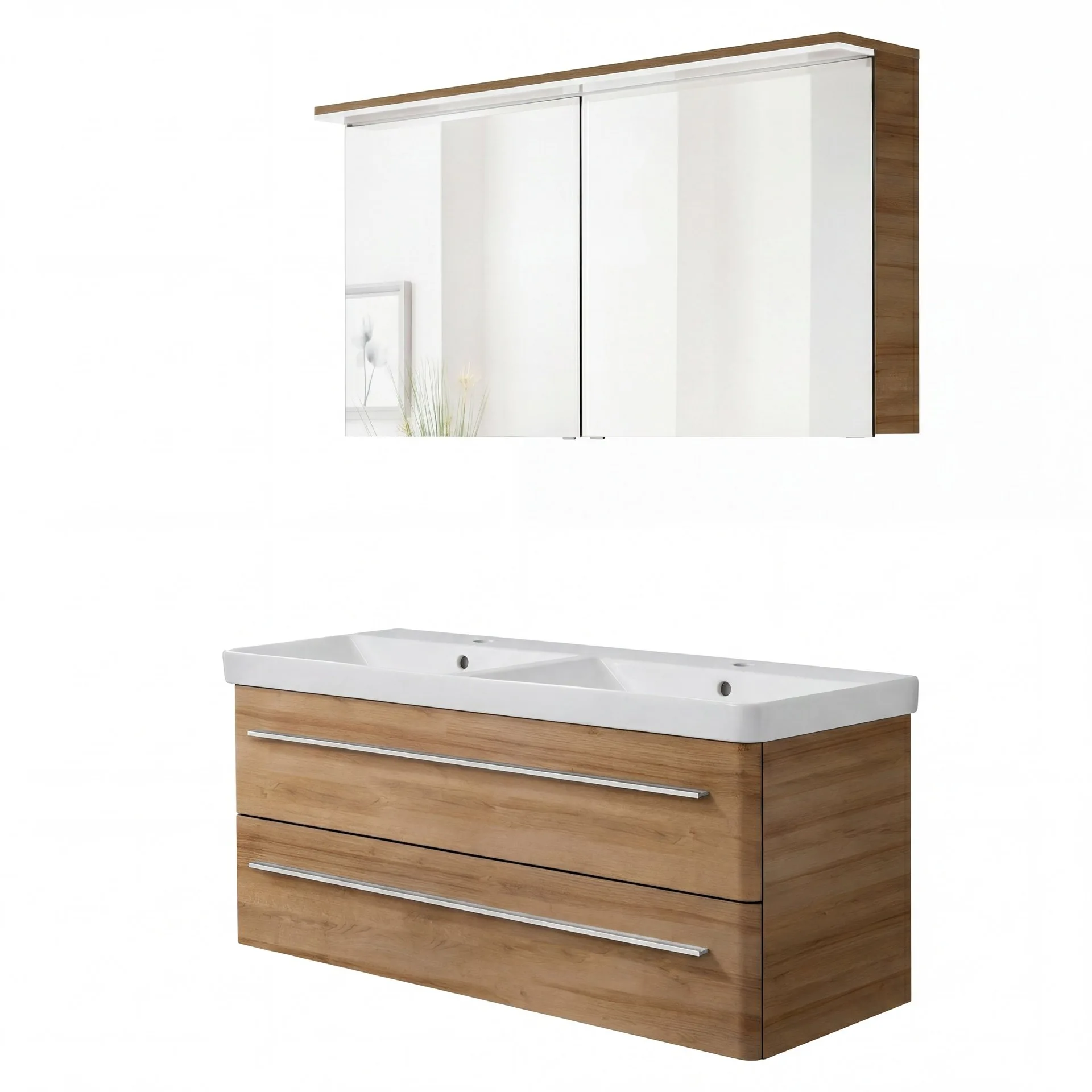 LANZET K8 Waschtisch Set mit Spiegelschrank 120 cm breit, Braun hell, Doppelwaschbecken Keramik Weiß