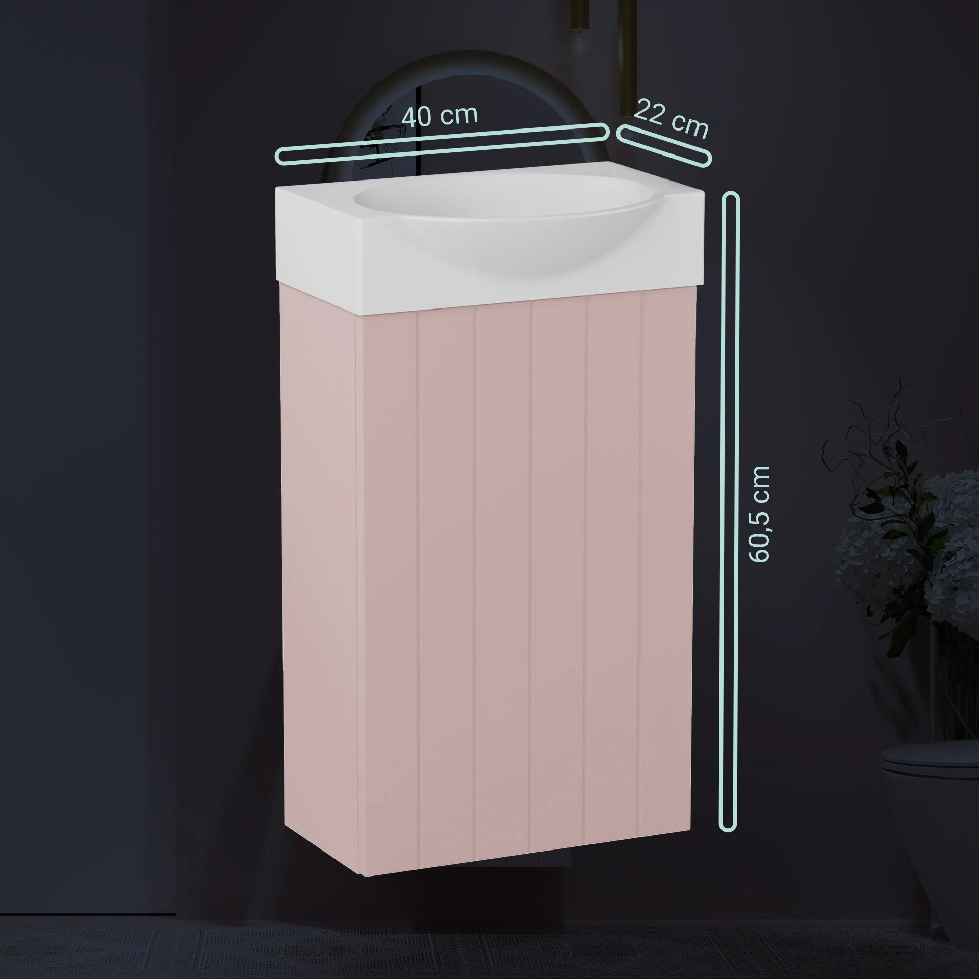 BADEDU IMPERO Gäste WC Waschtisch Set  40 cm breit, Rosa, Waschbecken Keramik Weiß