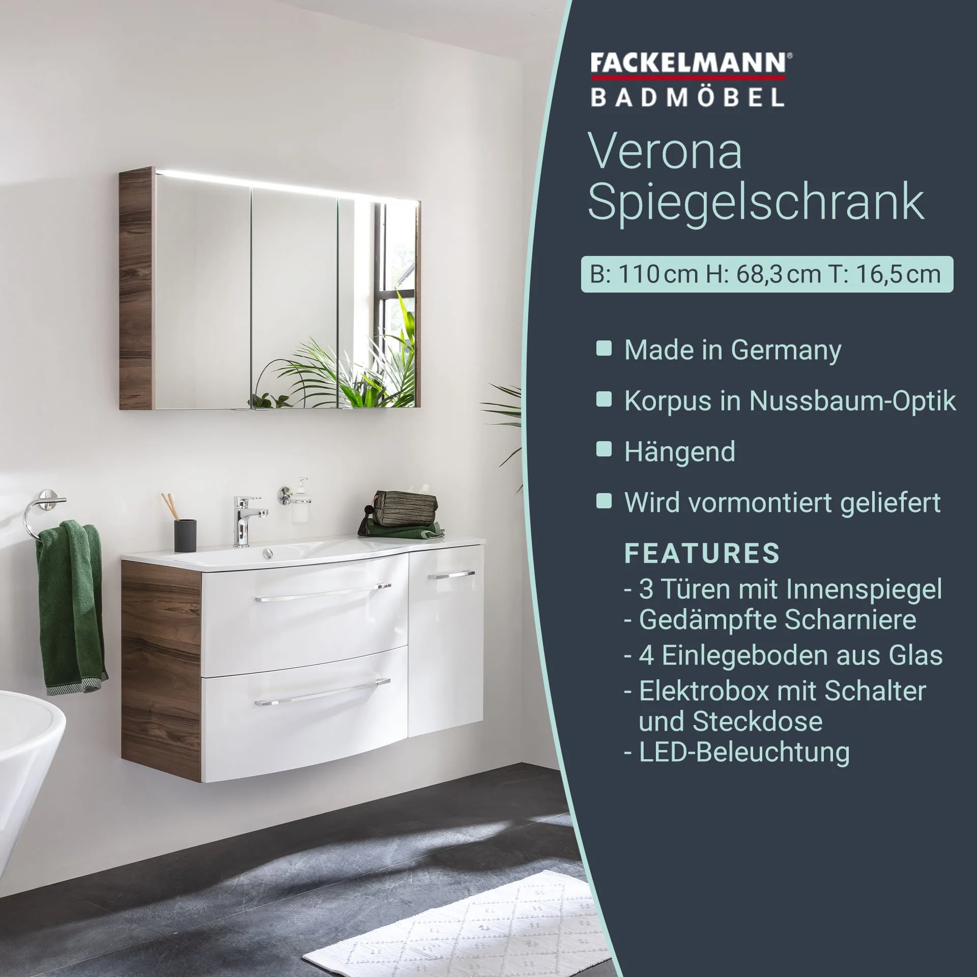 FACKELMANN VERONA LED Spiegelschrank 110 cm breit, Braun Dunkel