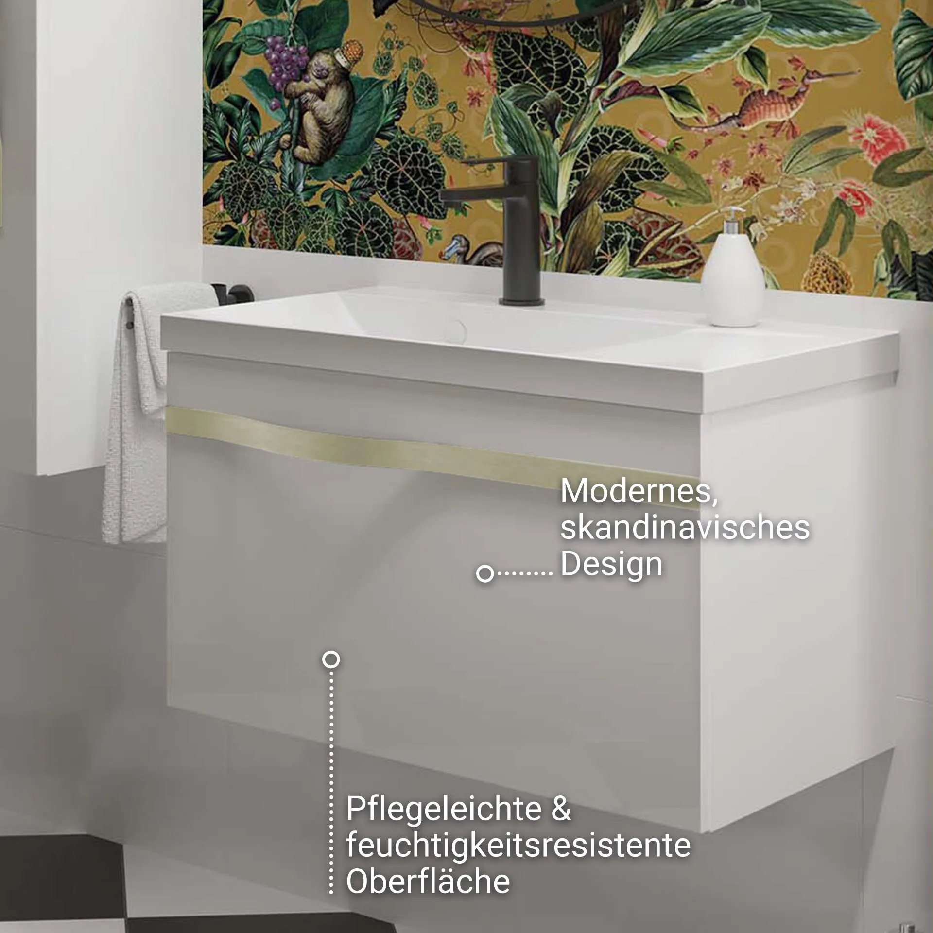 BADEDU FILS Waschbecken mit Unterschrank 69 cm breit, Weiß, Waschbecken Gussmarmor Weiß, Griff Silber