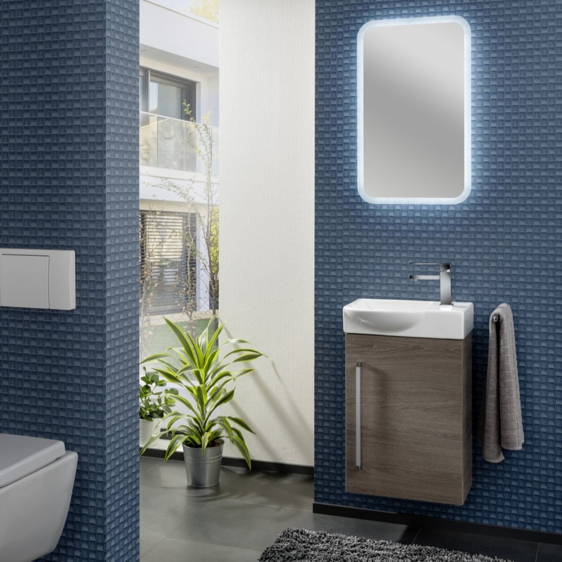 LANZET K3 Gäste WC Waschtisch Set 45 cm breit, Braun dunkel, Waschbecken Keramik Weiß, Türanschlag rechts