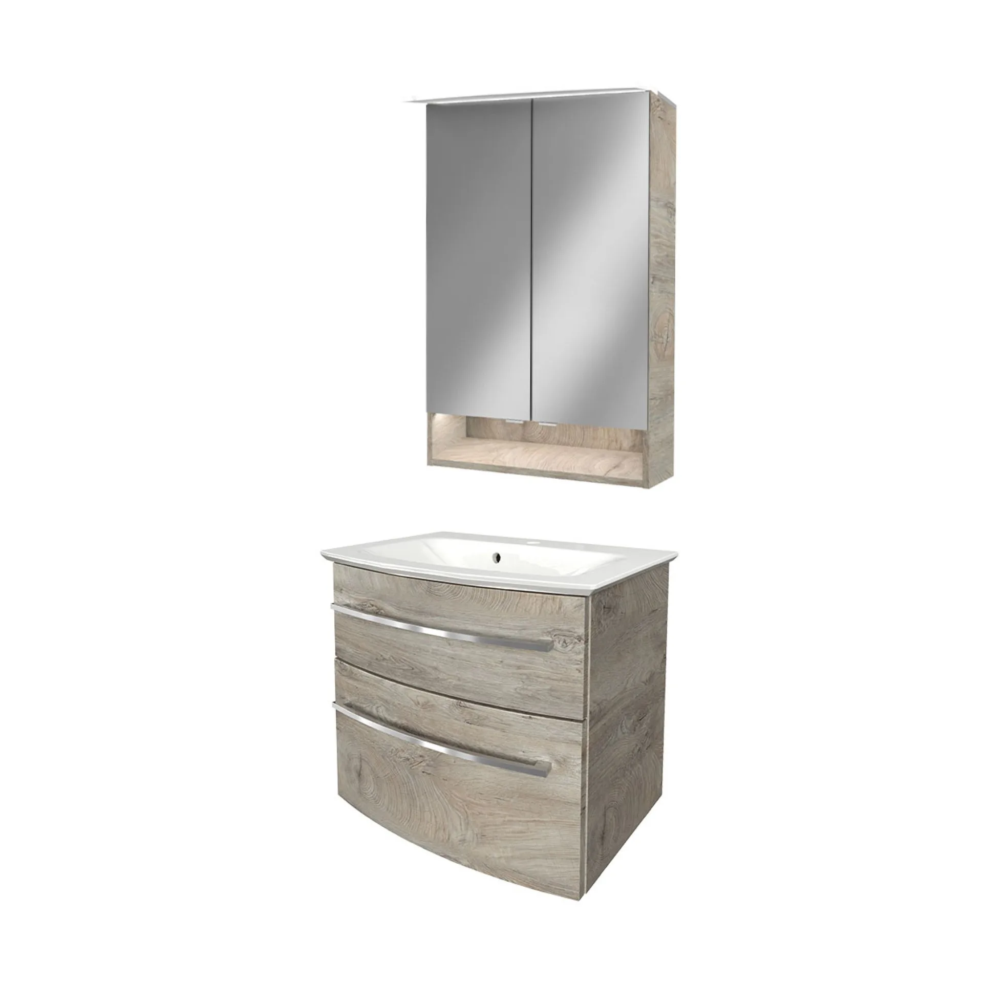 FACKELMANN B.STYLE Waschtisch Set mit Spiegelschrank 60 cm breit, Braun hell, Waschbecken Gussmarmor Weiß