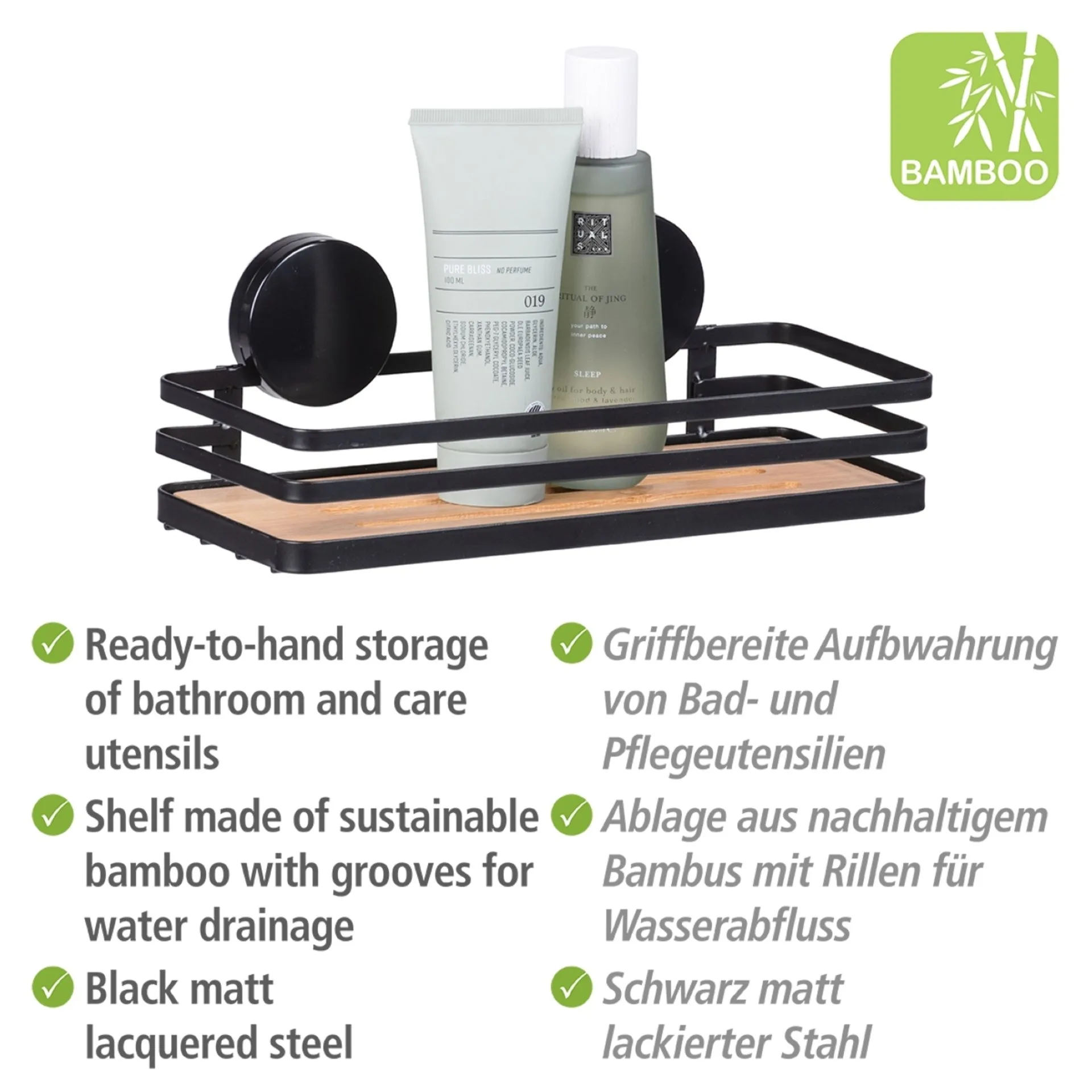WENKO ALBA Duschablage, Schwarz/Braun, Befestigen ohne Bohren, Edelstahl/Bambus