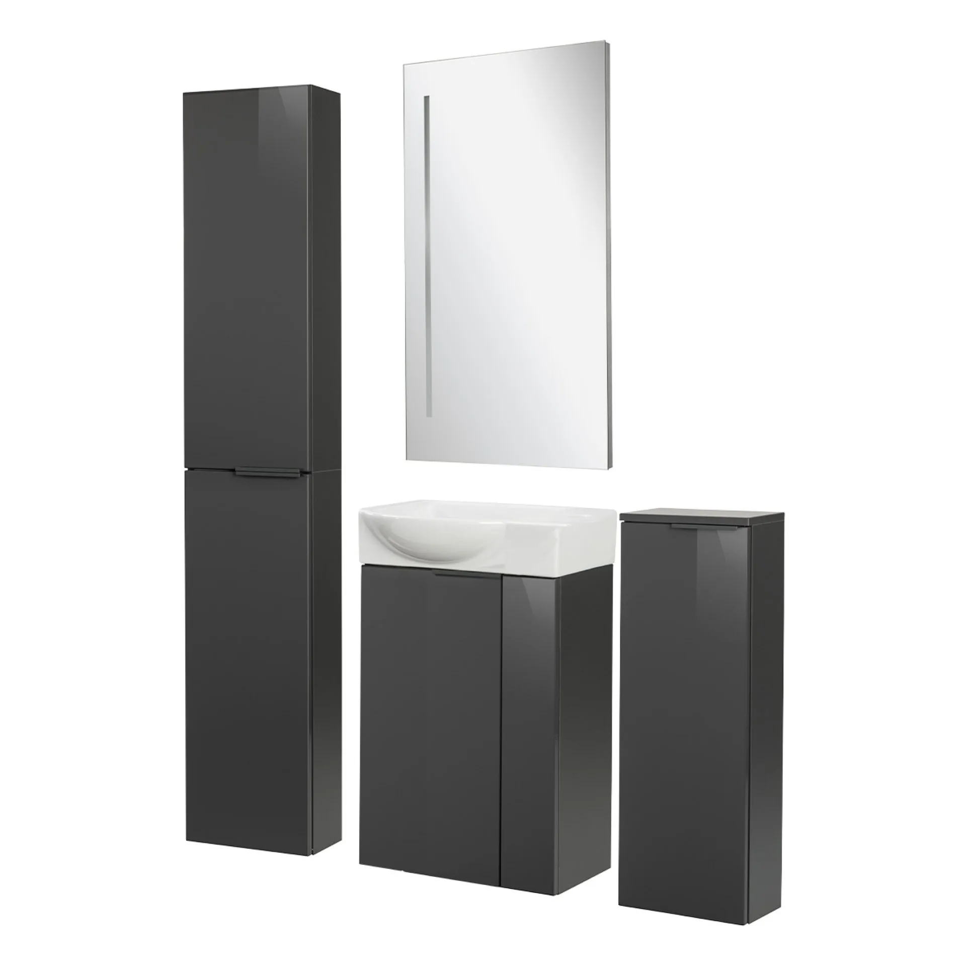 FACKELMANN SBC LUNA Gäste WC Set 5-teilig 45 cm breit, Anthrazit, Waschbecken Keramik Weiß + LED Spiegel + Hochschrank slim + Midischrank slim, Türanschlag links
