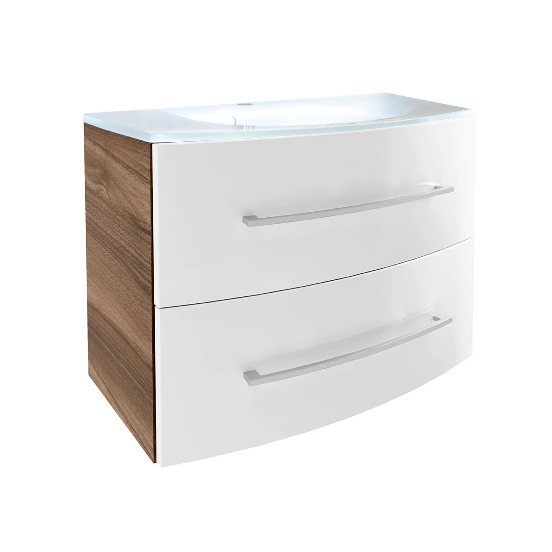 FACKELMANN VERONA Waschbecken mit Unterschrank 80 cm breit, Weiß/Braun Dunkel, Waschbecken Glas Weiß