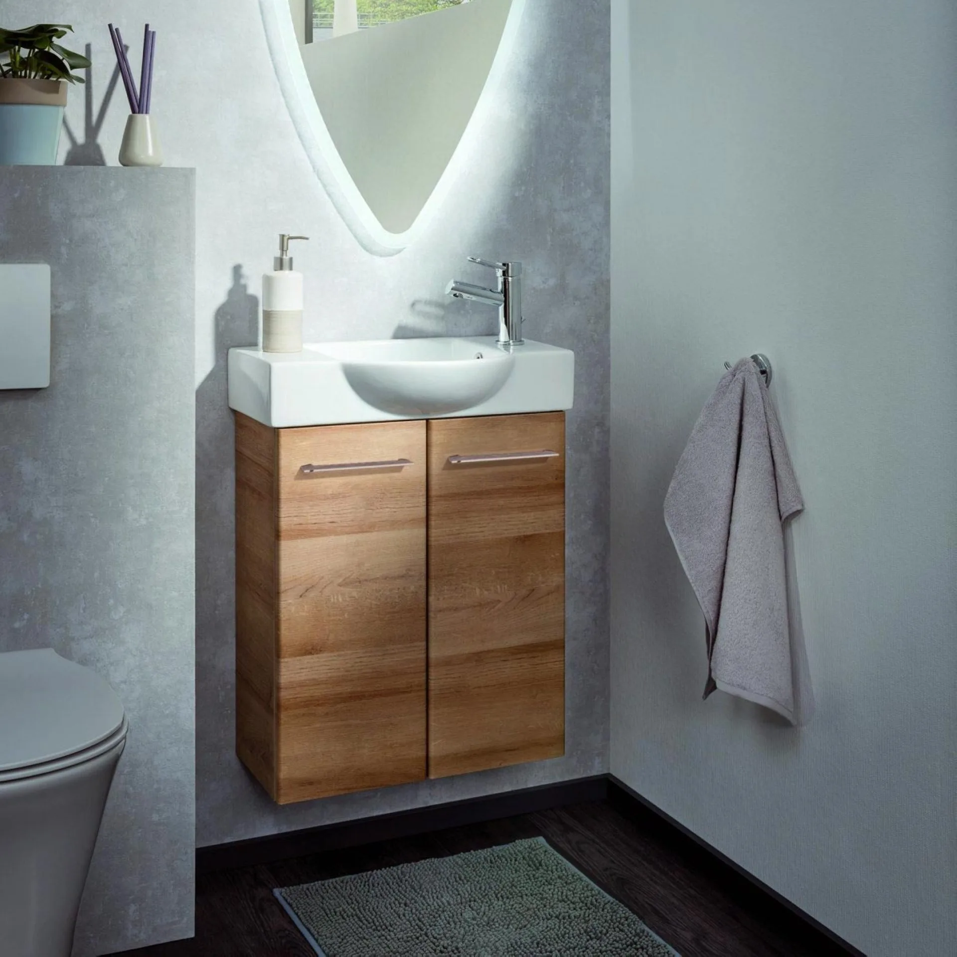 FACKELMANN SBC MILANO Waschbeckenunterschrank Gäste WC 55 cm breit, Braun hell, 2 Türen