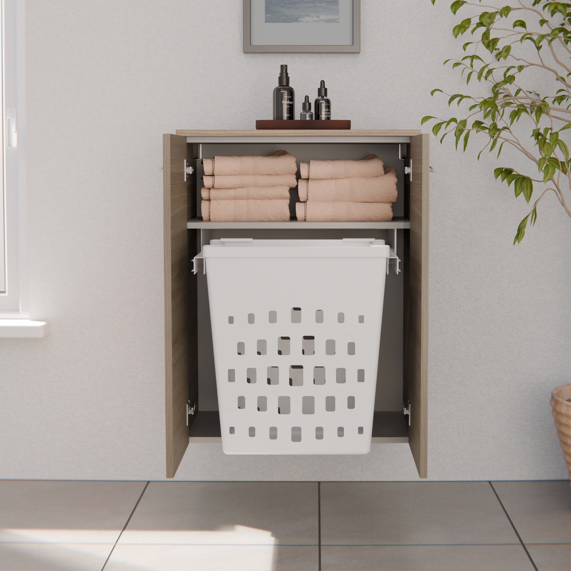 FACKELMANN LUXOR Doppel Midischrank 60 cm breit, Braun hell mit Wäschekorb