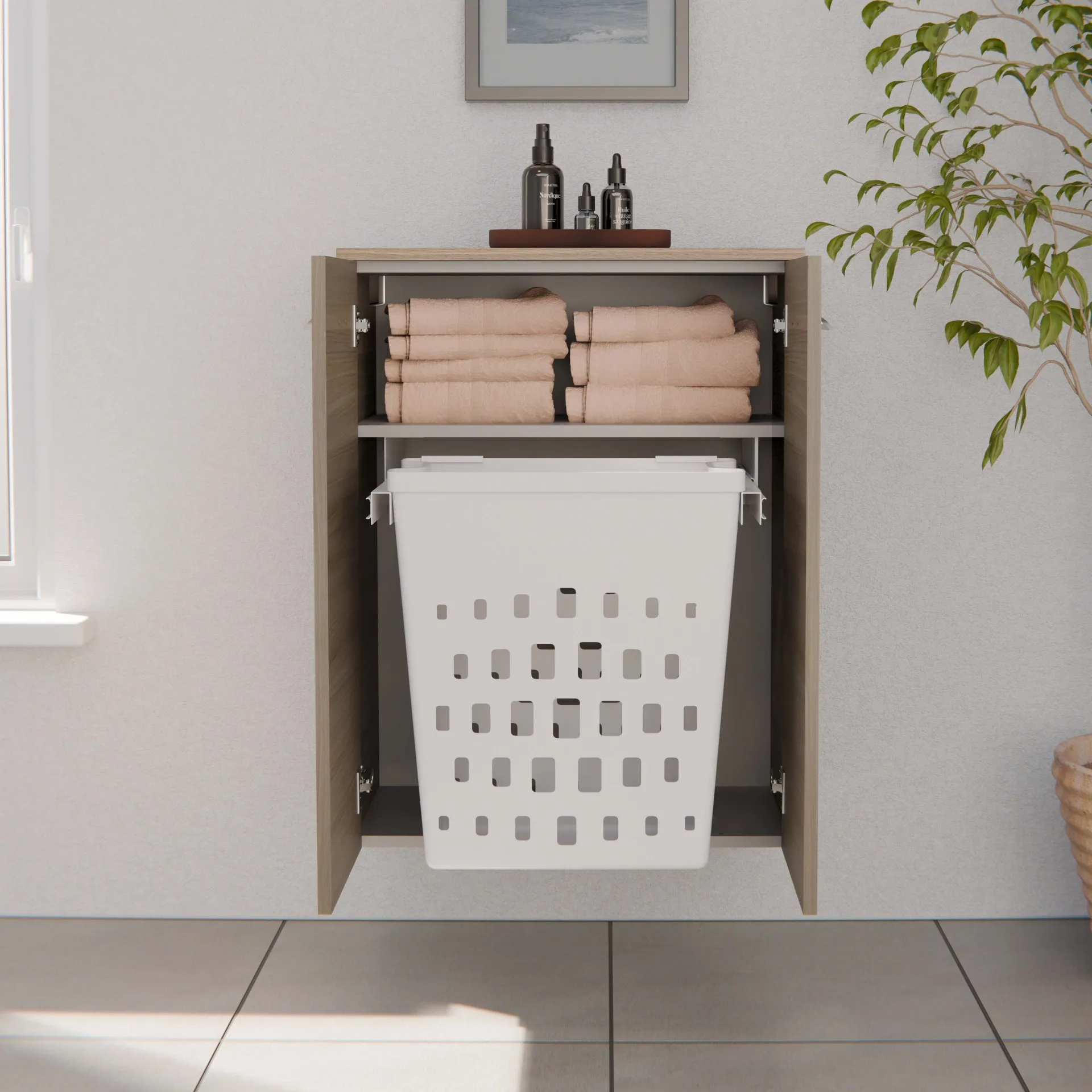 FACKELMANN LUXOR Doppel Midischrank 60 cm breit, Braun hell + Wäschekorb
