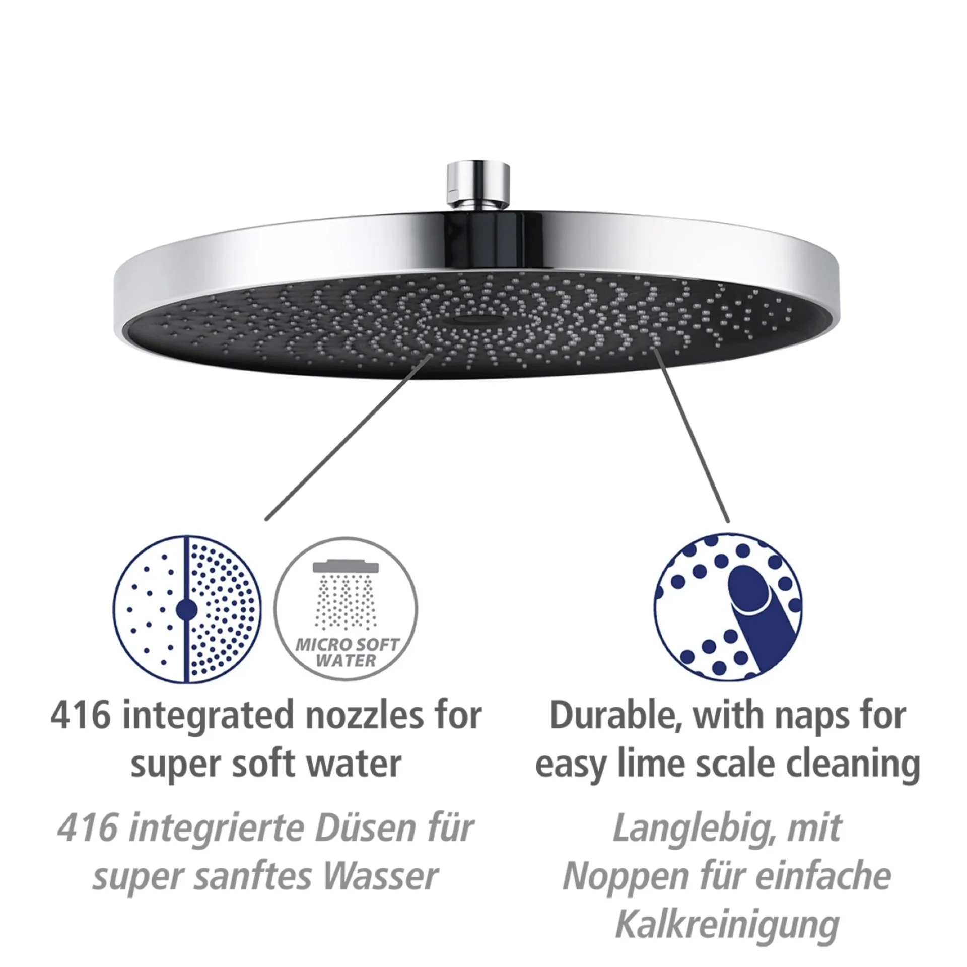 WENKO SOFTWATER Duschkopf Regendusche Ø 26 cm, Chrom/Schwarz, 3 verschiedene Wasserstrahlarten