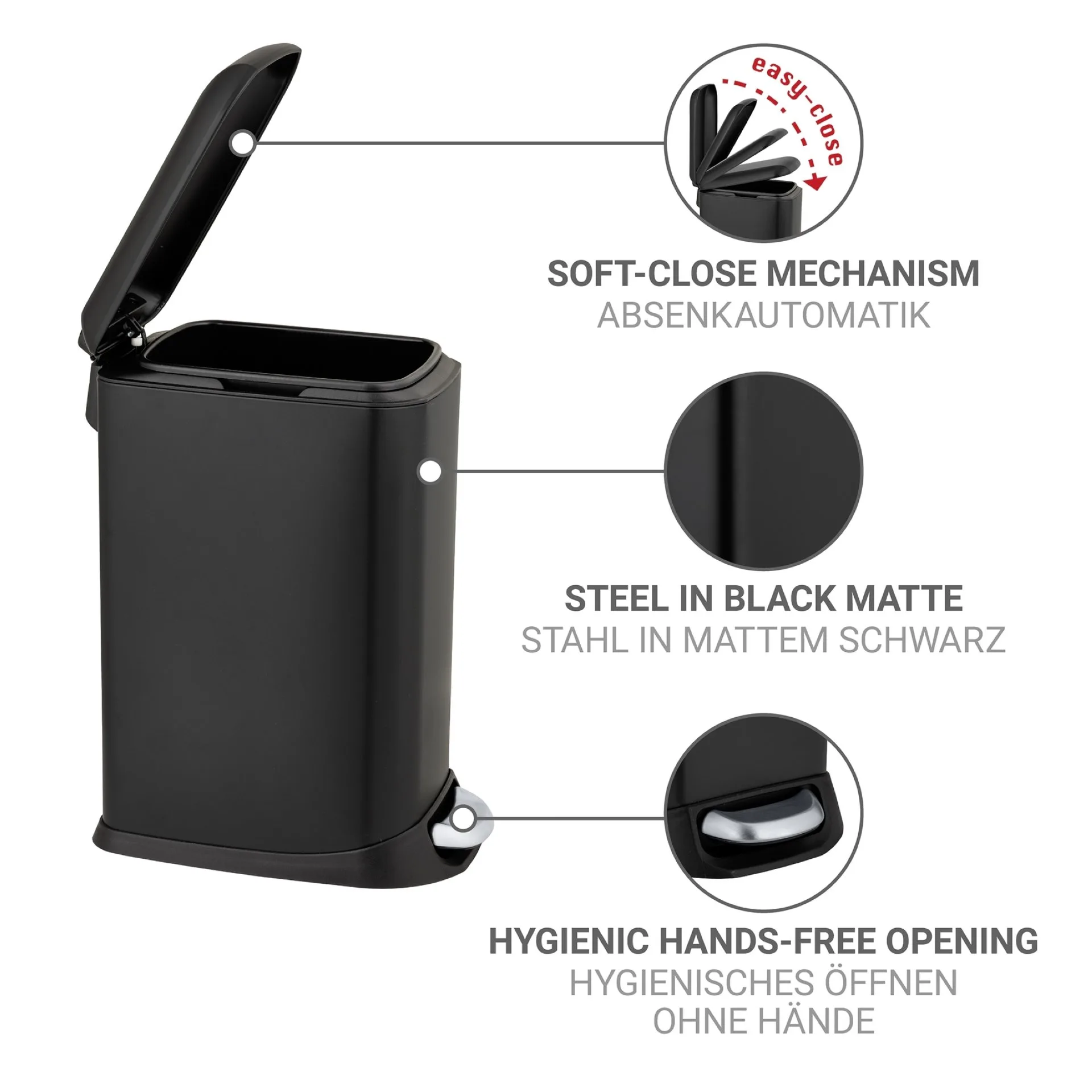 WENKO DESIGN Mülleimer 20 Liter, Schwarz, mit Absenkautomatik
