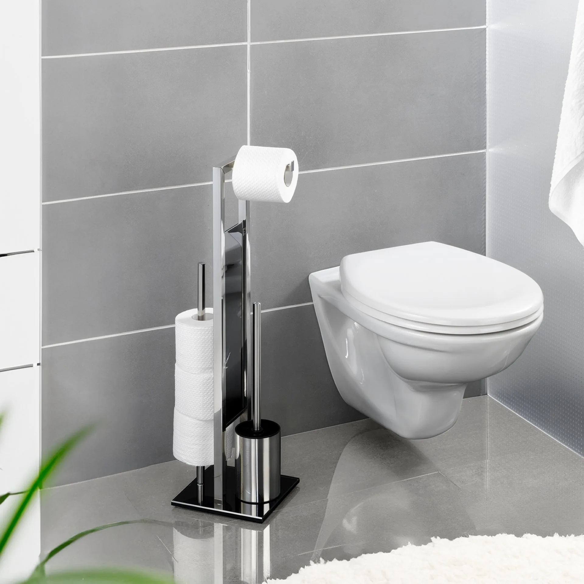 WENKO RIVALTA WC-Garnitur, Silber/Schwarz, mit Toilettenpapierhalter, Bevorrater, inklusive Ersatzbürste, stehend