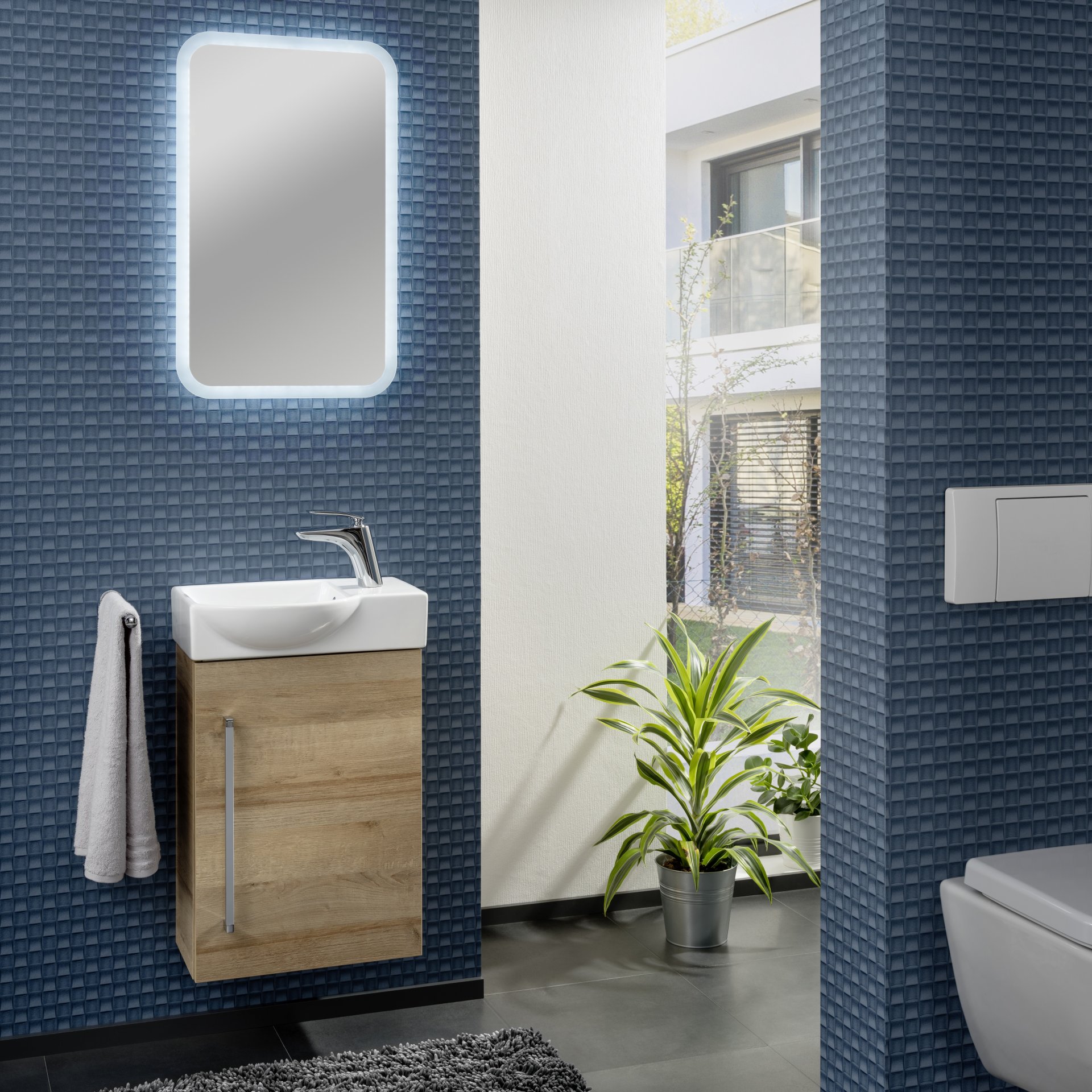 LANZET K3 Gäste WC Waschtisch Set 45cm breit, Braun hell, Waschbecken Keramik Weiß, Türanschlag links