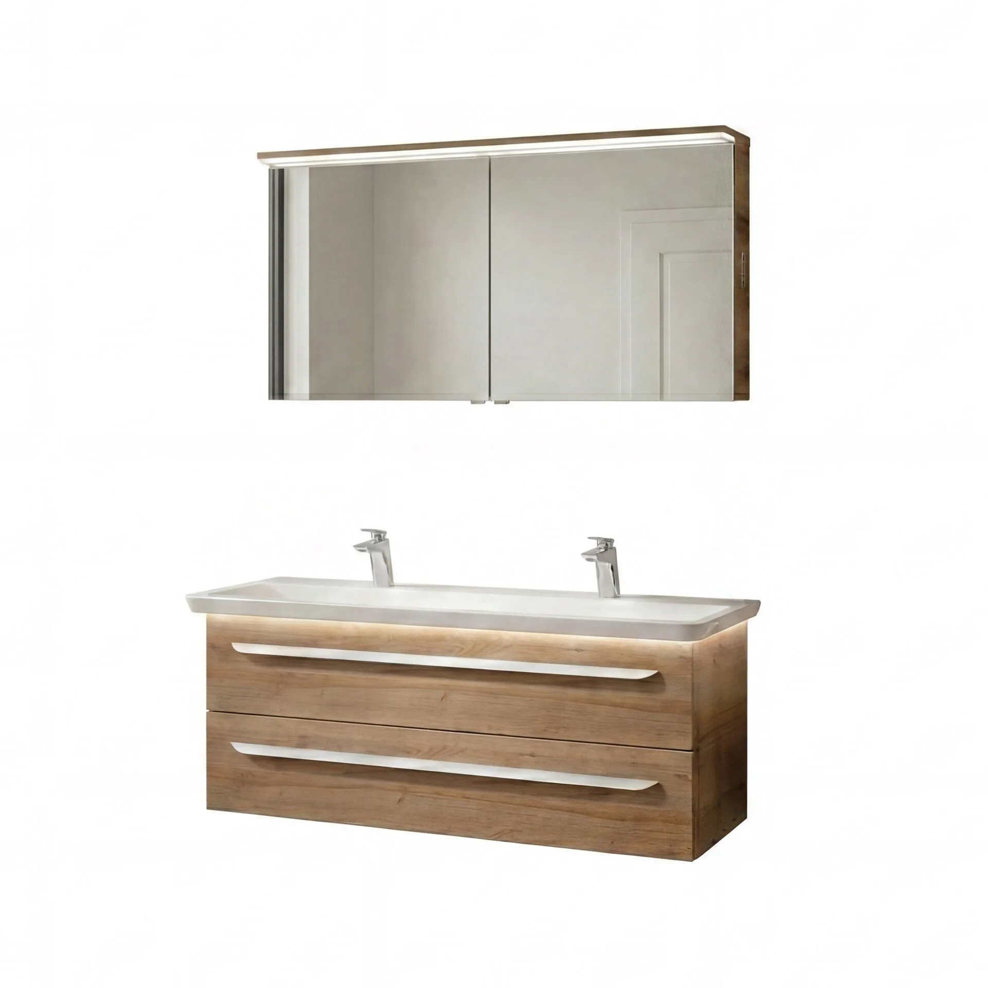 LANZET M9 Waschtisch Set mit Spiegelschrank 130 cm breit, Braun hell, Doppelwaschbecken Gussmarmor Weiß + Waschbeckenbeleuchtung