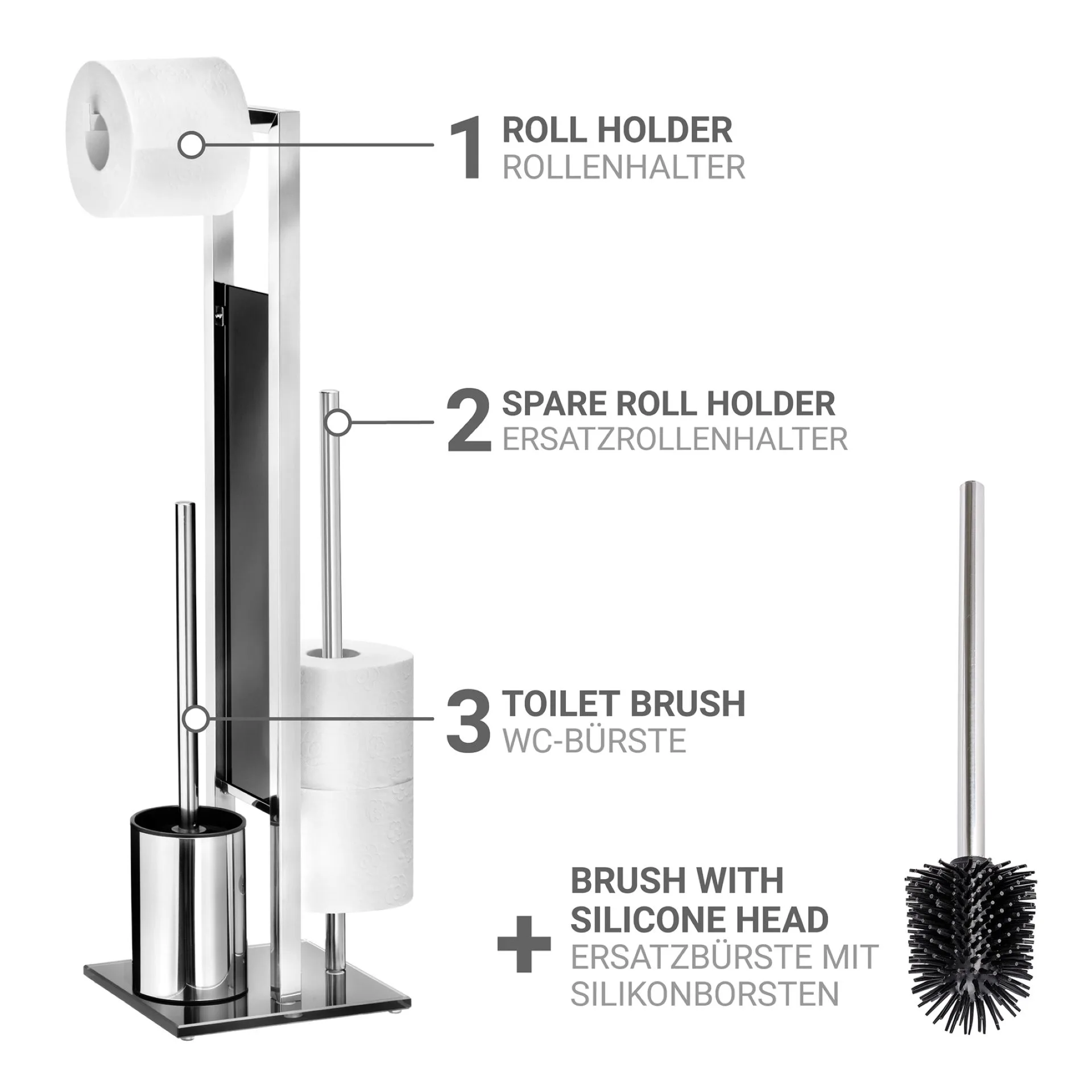 WENKO RIVALTA WC-Garnitur, Silber/Schwarz, mit Toilettenpapierhalter, Bevorrater, inklusive Ersatzbürste, stehend