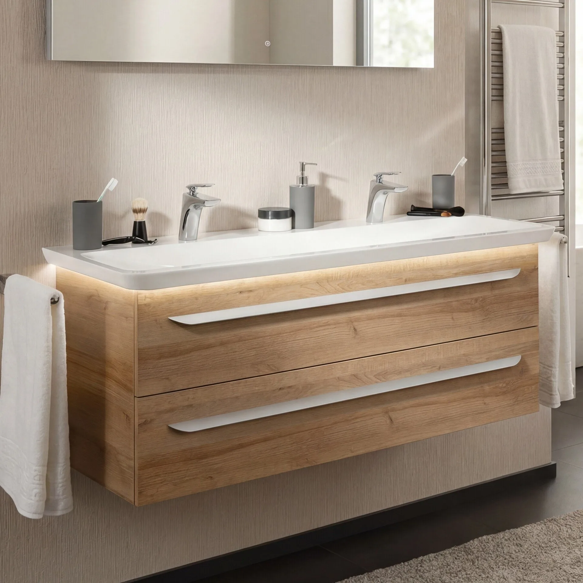 LANZET M9 Waschbecken mit Unterschrank 130 cm breit, Braun hell, Doppelwaschbecken Gussmarmor Weiß + Waschbeckenbeleuchtung