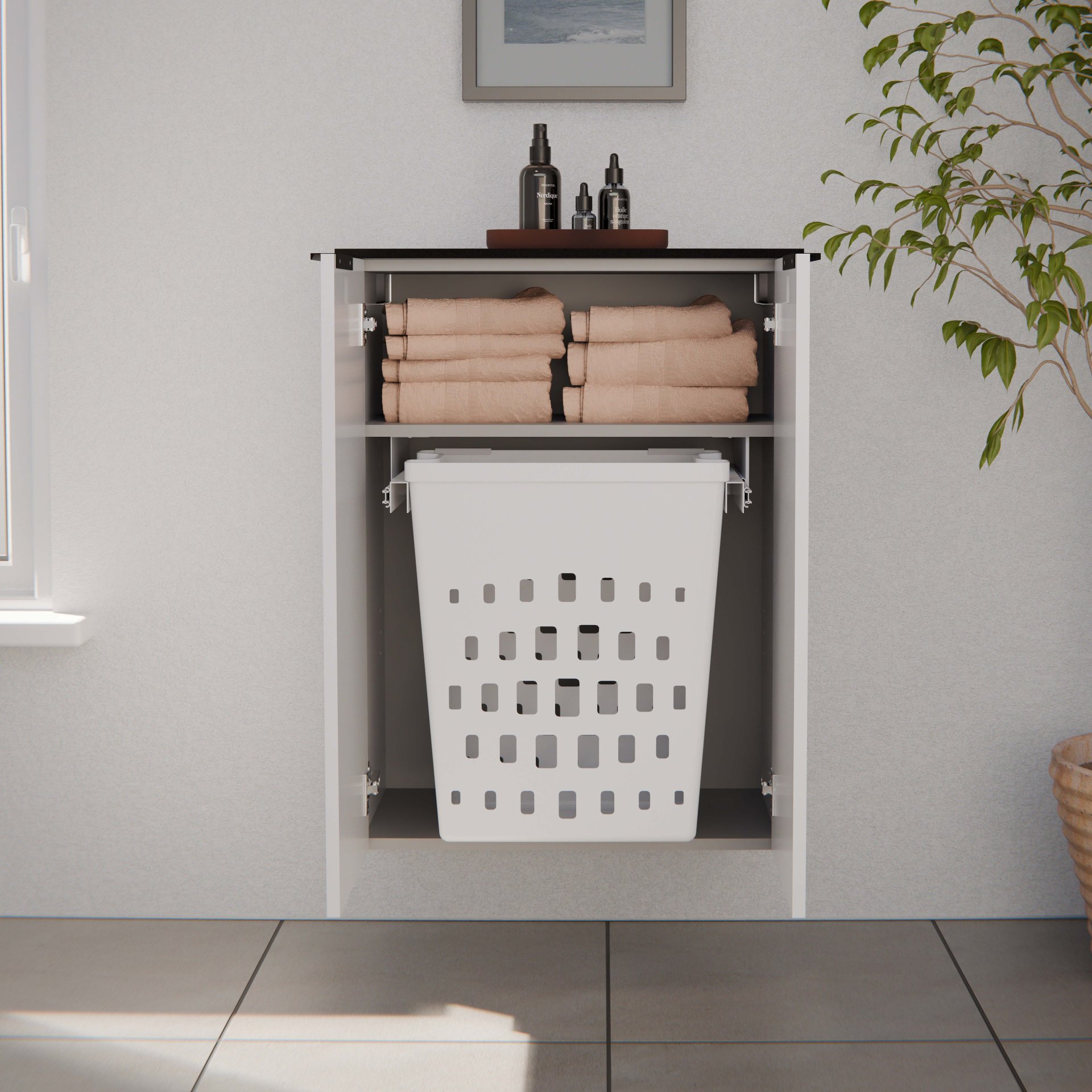 FACKELMANN FLAIR Doppel Midischrank 63 cm breit, Weiß/Anthrazit mit Wäschekorb