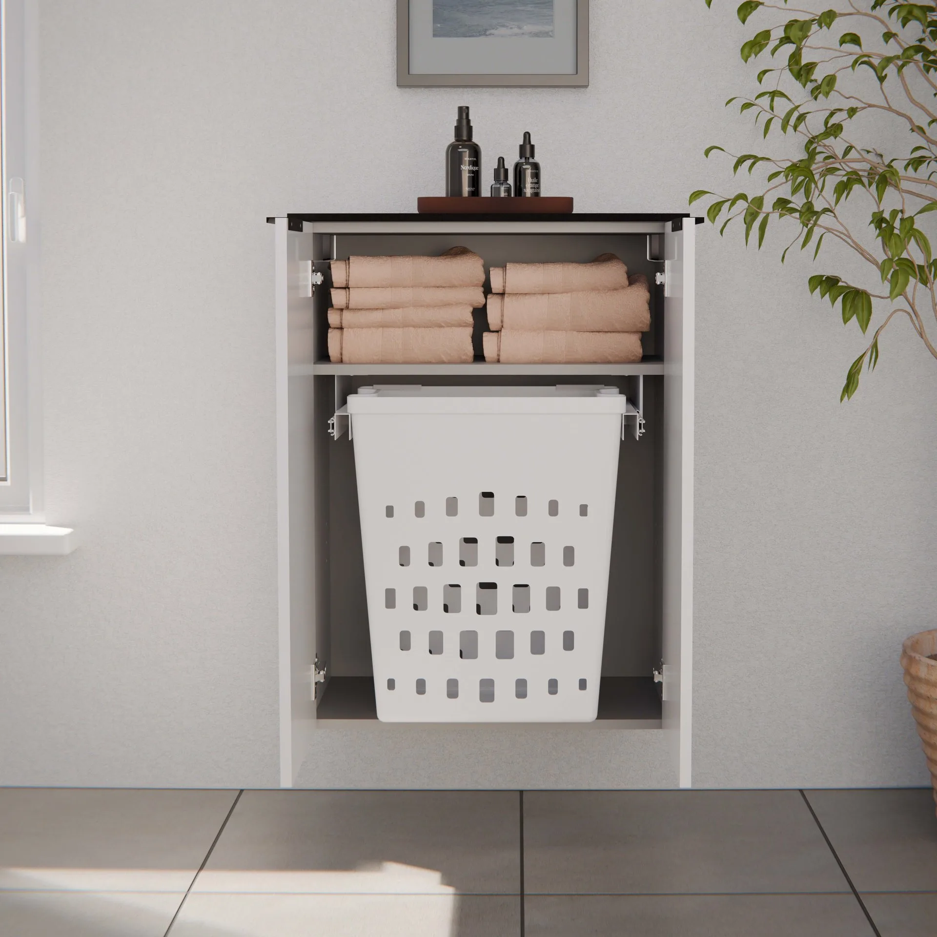 FACKELMANN FLAIR Doppel Midischrank 63 cm breit, Weiß/Anthrazit mit Wäschekorb
