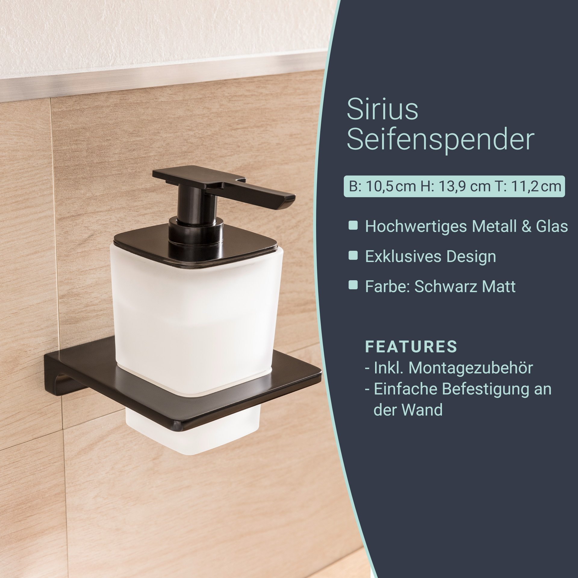 BadeDu SIRIUS Seifenspender mit Halter Schwarz matt
