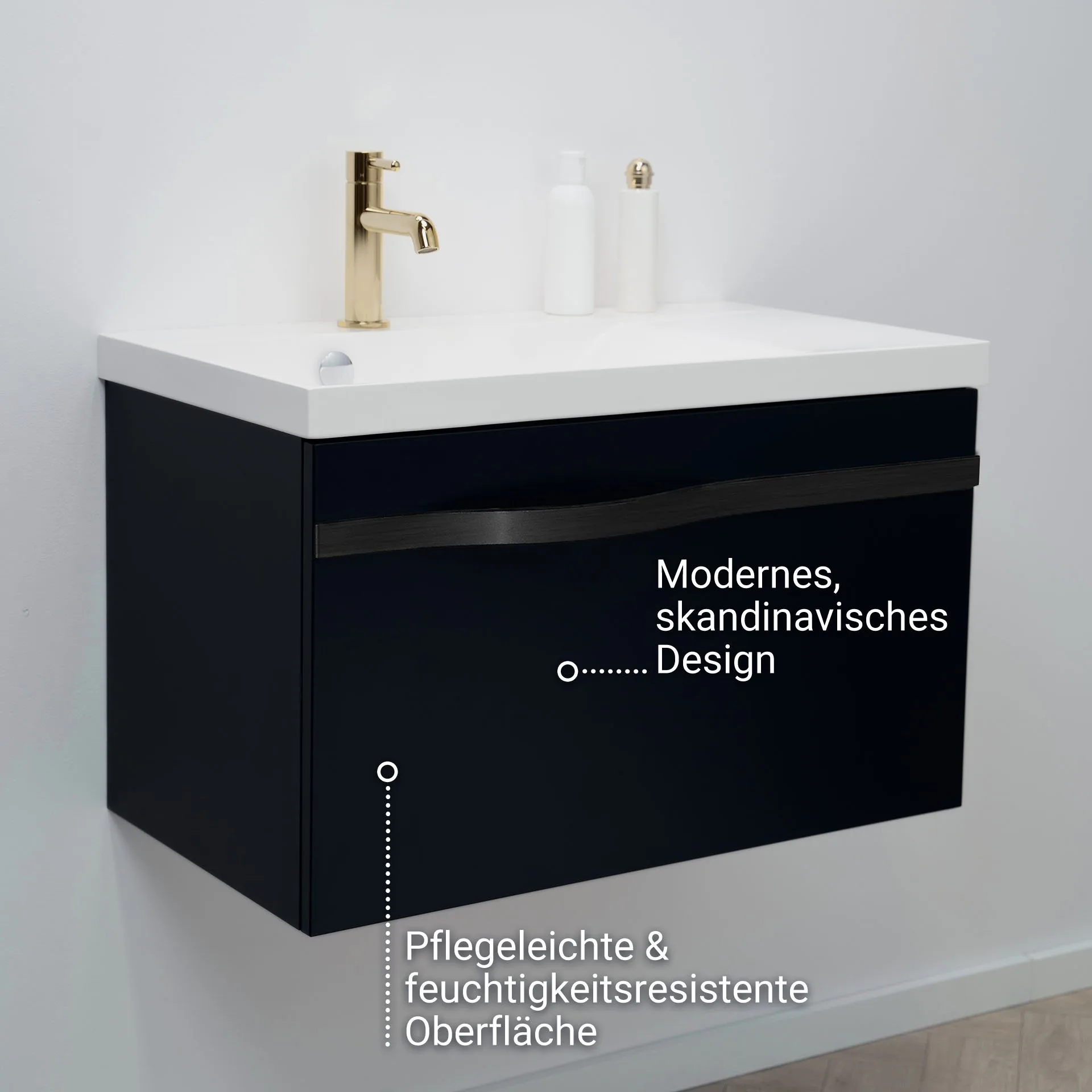 BADEDU FILS Waschbecken mit Unterschrank 69 cm breit, Schwarz, Waschbecken Gussmarmor Weiß, Griff Schwarz