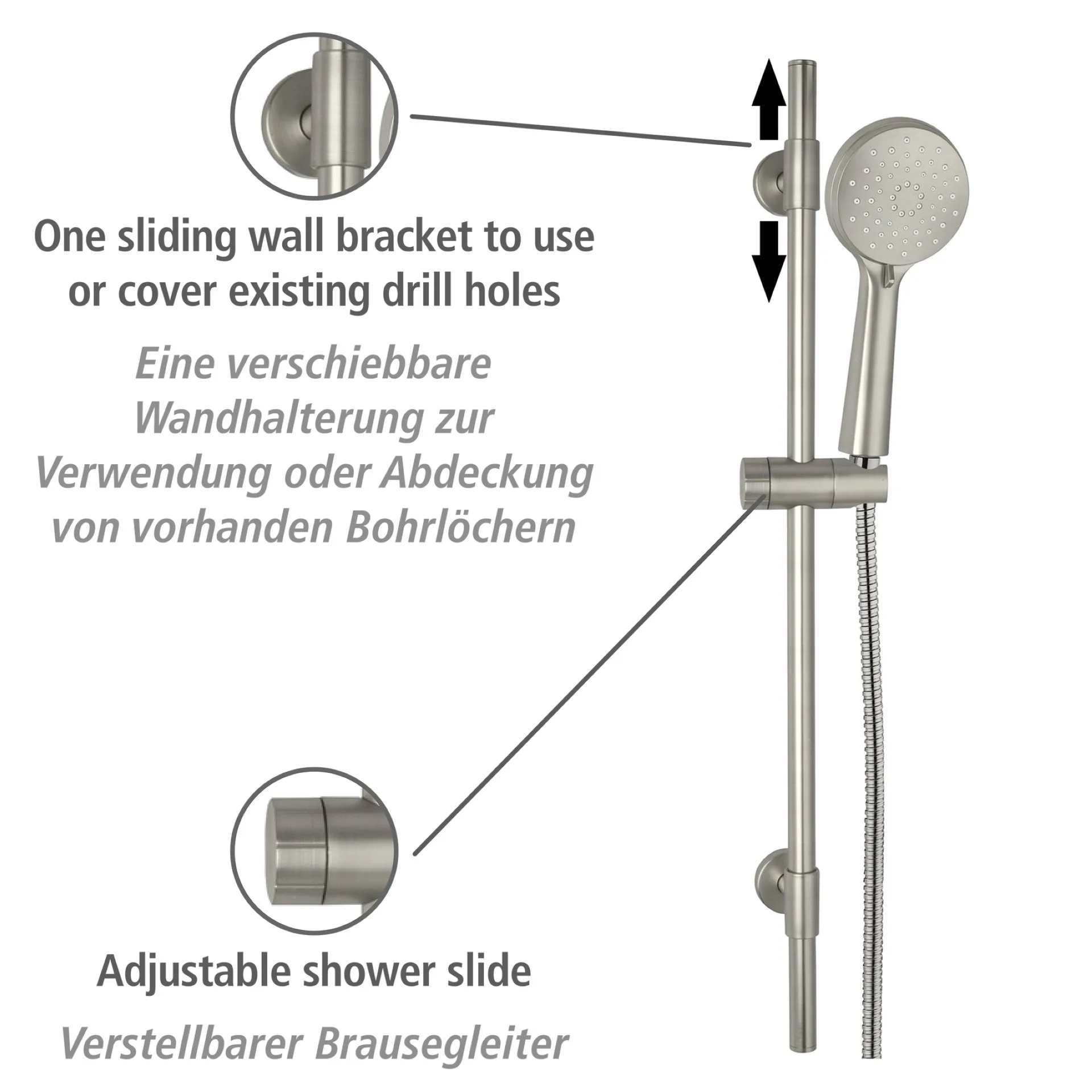 WENKO YOUNG Stangenbrause Set 66 cm, Silber matt, 3 verschiedene Wasserstrahlarten