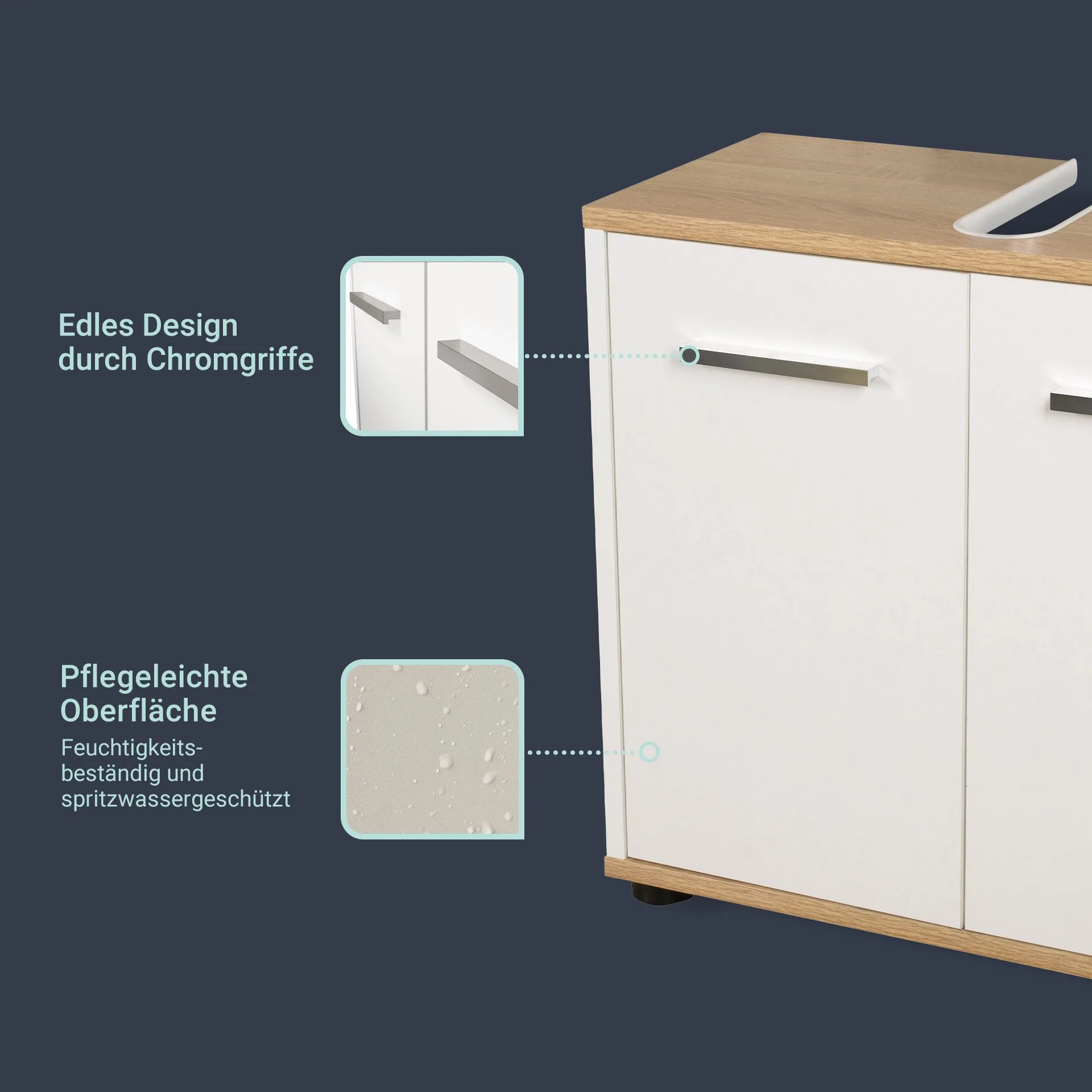 BADEDU ARC Waschbeckenunterschrank 60 cm breit, Weiß/Braun hell