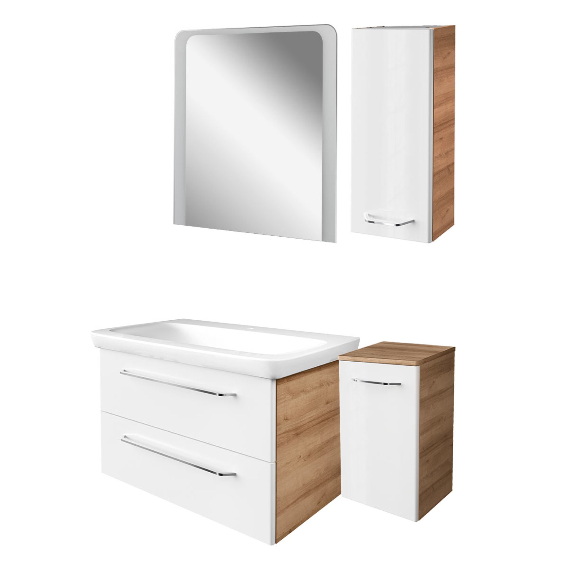 FACKELMANN MILANO Badmöbel Set 5-teilig, 88 cm breit, Braun hell/Weiß, Waschbecken Keramik, Spiegel + 2 Badschränke