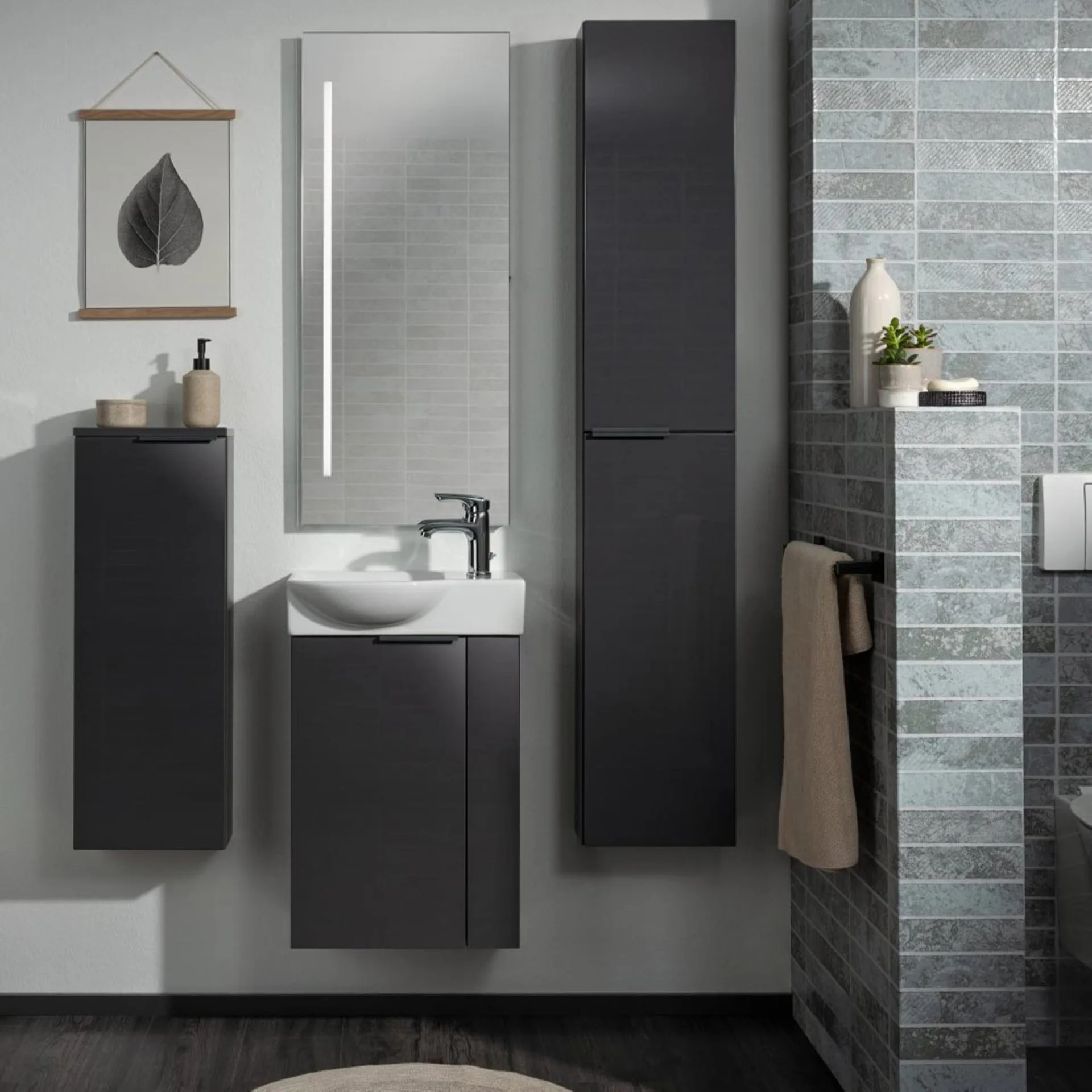 FACKELMANN SBC LUNA Waschbeckenunterschrank Gäste WC 45 cm breit, Anthrazit, Türanschlag links