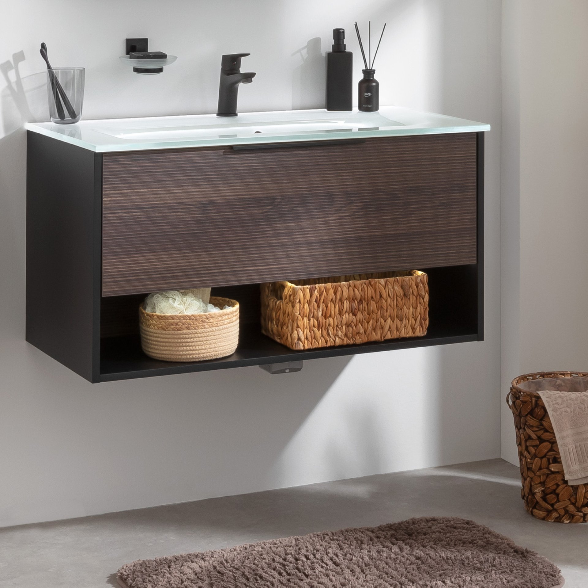 Fackelmann B.PARIS Badmöbel Set 2-teilig 90 cm breit, Braun dunkel/Schwarz, Glas weiß
