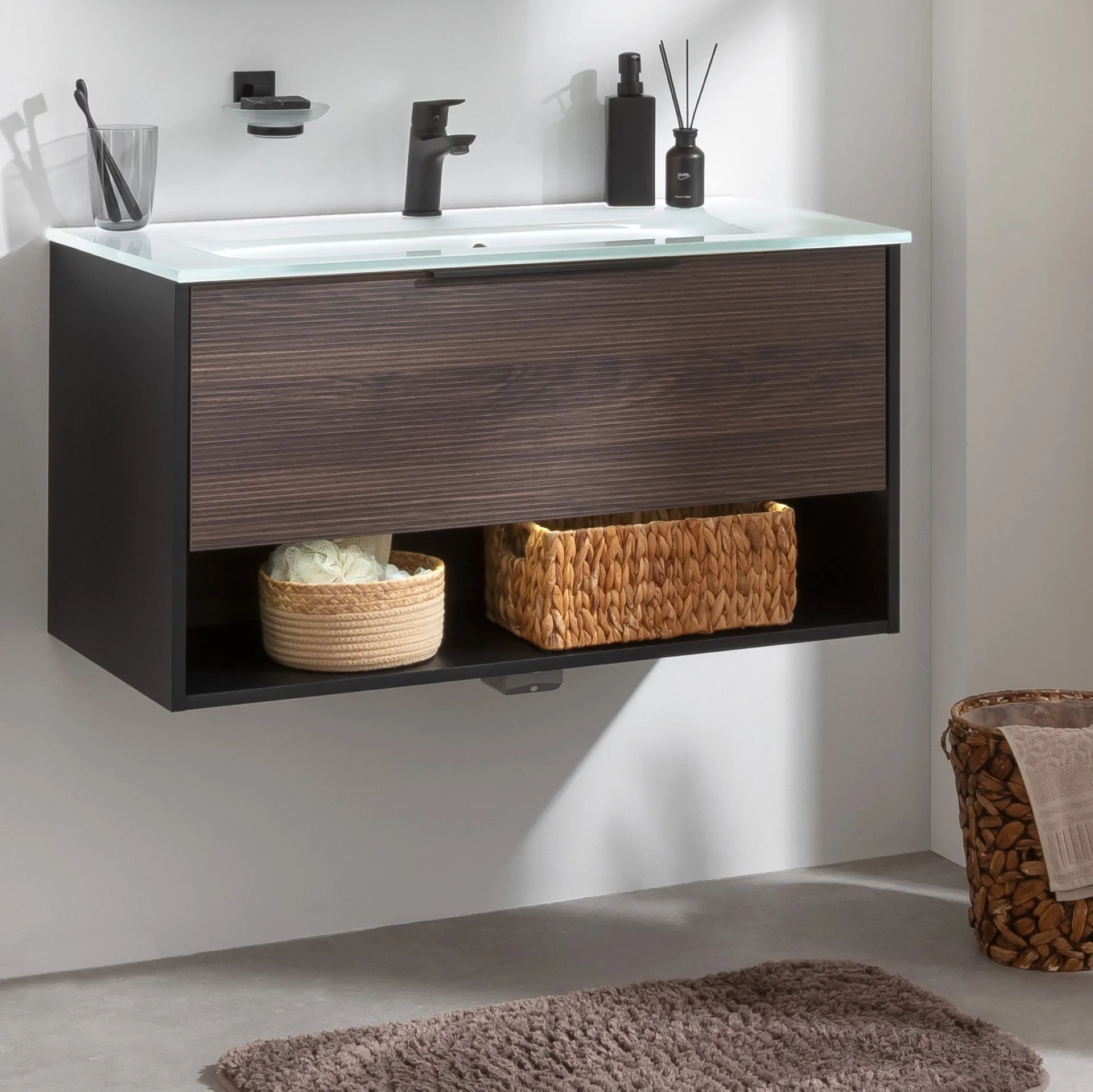 FACKELMANN B.PARIS Waschbecken mit Unterschrank 90 cm breit, Braun Dunkel/Schwarz, Waschbecken Glas Weiß