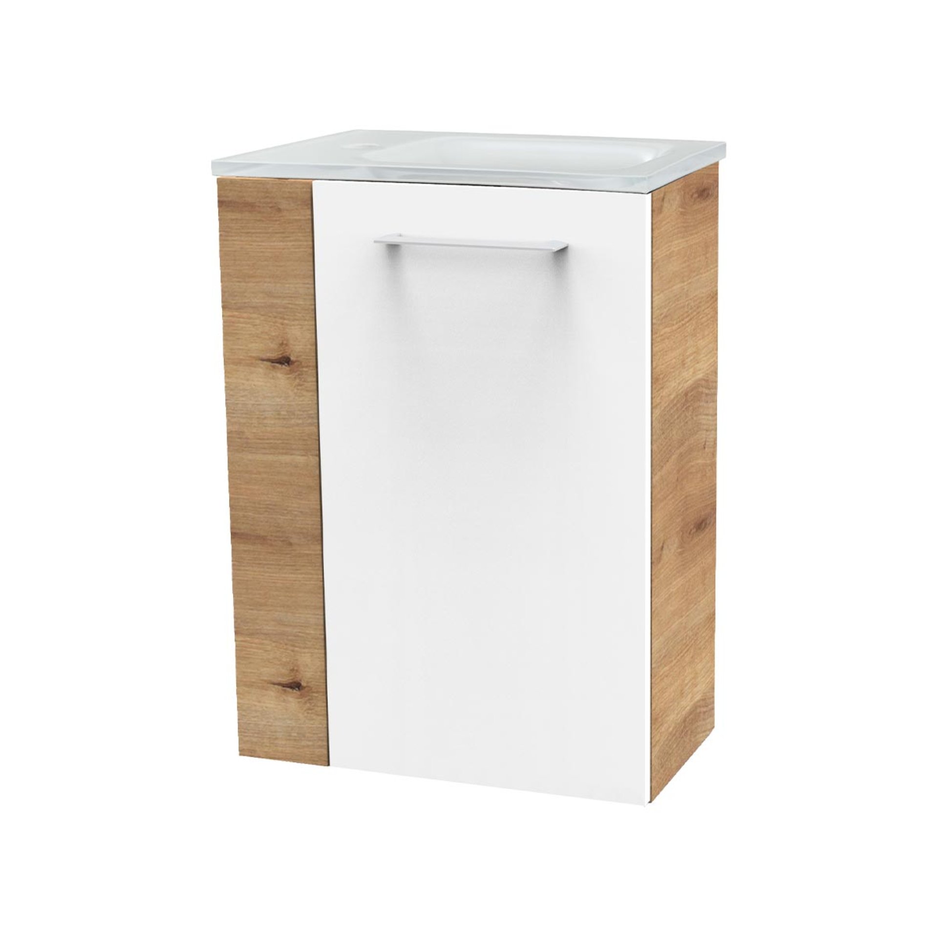FACKELMANN SBC MILANO Gäste WC Waschtisch Set 45 cm breit, Weiß/Braun hell, Waschbecken Glas Weiß, Türanschlag rechts