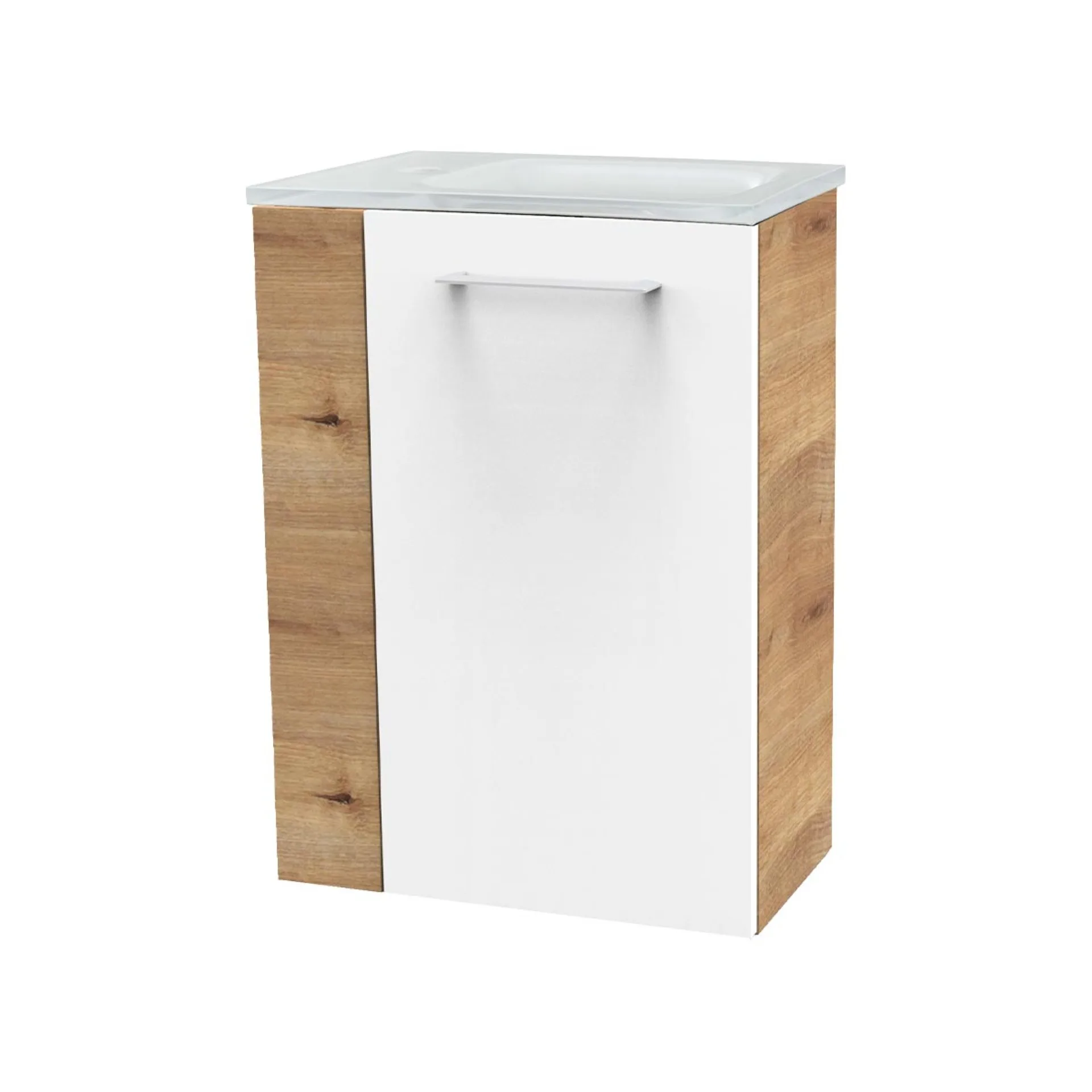FACKELMANN SBC MILANO Gäste WC Waschtisch Set 45 cm breit, Weiß/Braun hell, Waschbecken Glas Weiß, Türanschlag rechts